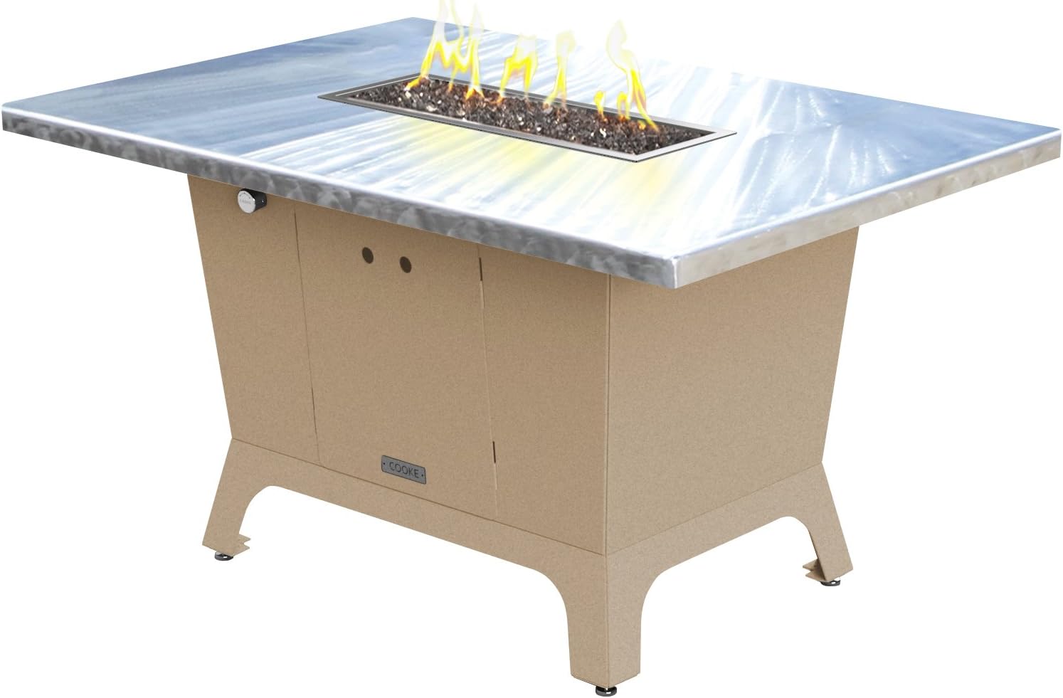 COOKE Palisades Rectangular Fire Pit Table - 52x36 - Dining Height - Natural Gas - Brushed Aluminum Top with 3cm Edge - Beige Powdercoat Base