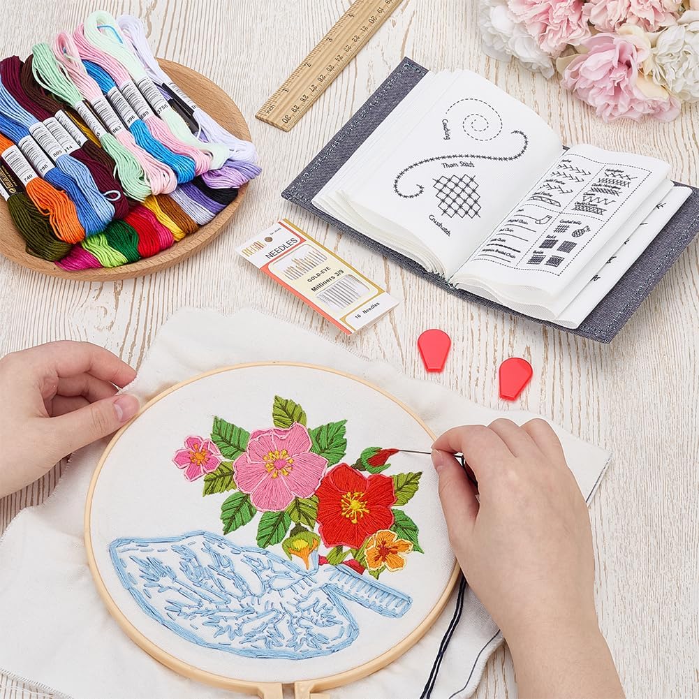 PLIGREAT DIY Stitch Book Embroidery for Beginner Adults, 2026 Embroidery Stitch Guide Sewing Practice Samplers Set with 24 Colors Embroideries Floss, 2 Threaders, 1 Set of 16 Needles, 10 Pages image 3