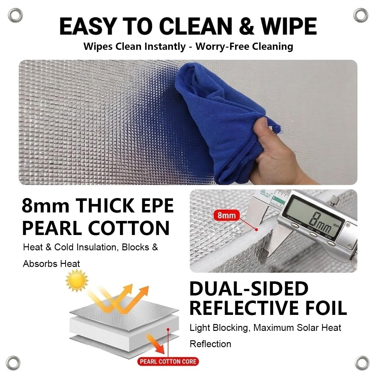 8mm Film Isolant Thermique Fenetre Aluminisé, Film Occultant Réfléchissant Ventouse, Rideau Protection Solaire Intimité Double Couche pour Camping-Car, Véranda, Loggia(160x200cm)
