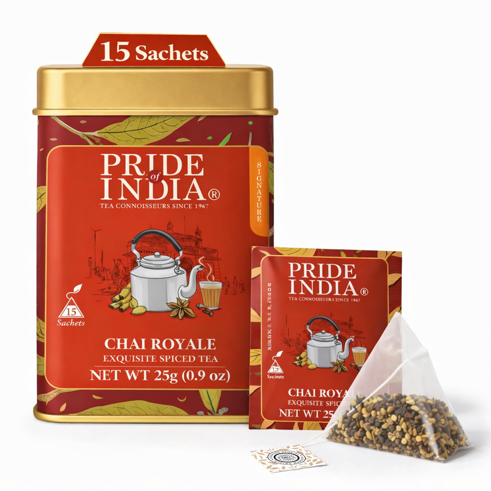 Pride of India | Chai Royale Exquisite Spiced Tea 1 oz (28.3 gm) | 15 Pyramid Full Leaf Individually Wrapped Tea Bags | 100% Natural Blend of Black Tea & Spices |Bold & Spicy Flavor
