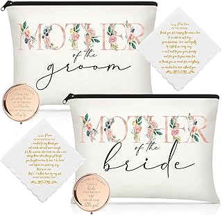 6 Pack Mother of the Groom Mother of the Bride Cosmetic Bag Wedding Gifts Makeup Mirror Handkerchief for Mom in Law for Engagement Favor (Flowers)