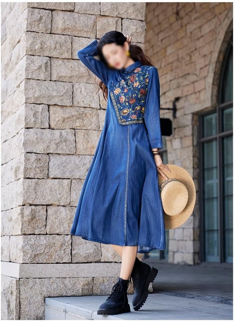 JSEIAJB Autumn/Winter Retro Embroidered Denim Skirt Slim Fit and Slim Handmade Button Dress
