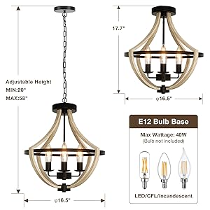 Farmhouse Light Fixtures Chandelier, 4-Light Rustic Flush Mount Ceiling Light, Beige Wood Light Fixture for Dining Room Kitchen Foyer Hallway Entryway Bedroom Closet