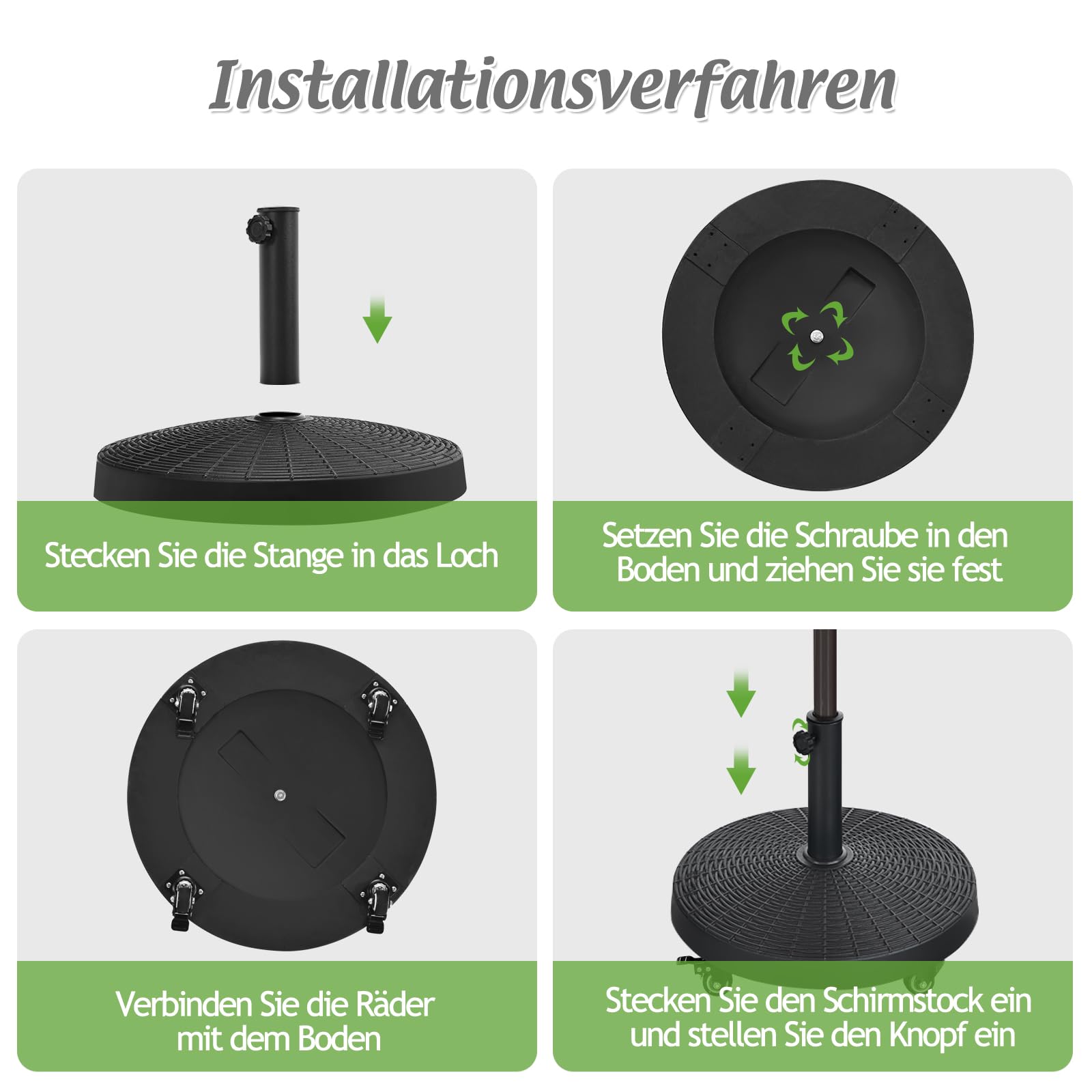 RELAX4LIFE Base Sombrilla Ø52 cm con 4 Ruedas Bloqueables para Mástil de Sombrilla Ø38/48 mm, Pie Sombrilla Redondo de Resina con Aspecto de Ratán, Peso 23 kg, Negro