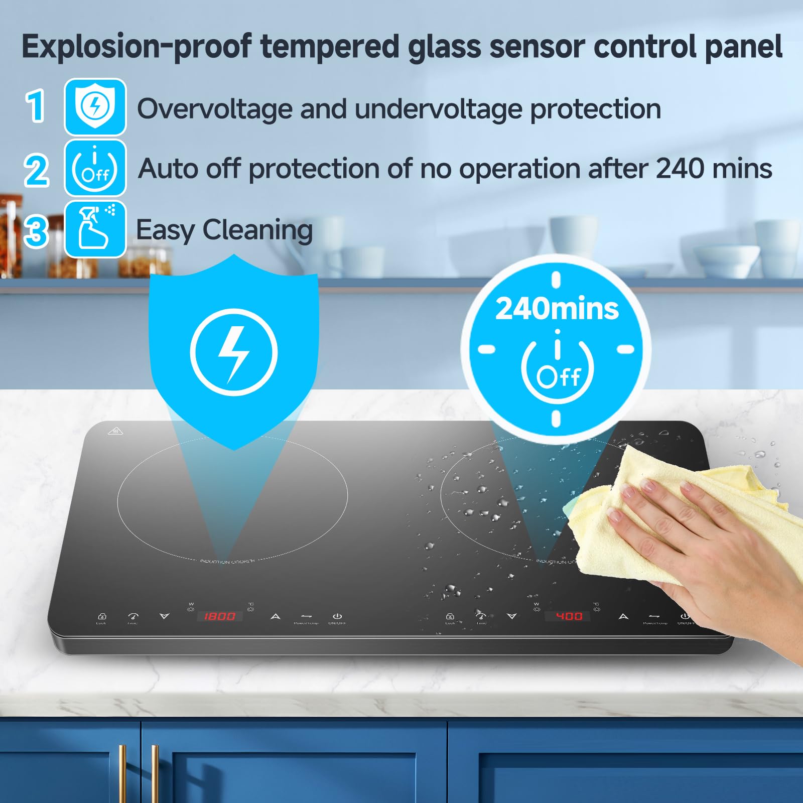 Aobosi - Placa de inducción, 2 placas con función de mantenimiento en caliente, 20 niveles de temperatura y 20 niveles de potencia, temporizador, botón Max & Min, 3500 W, control sensor táctil