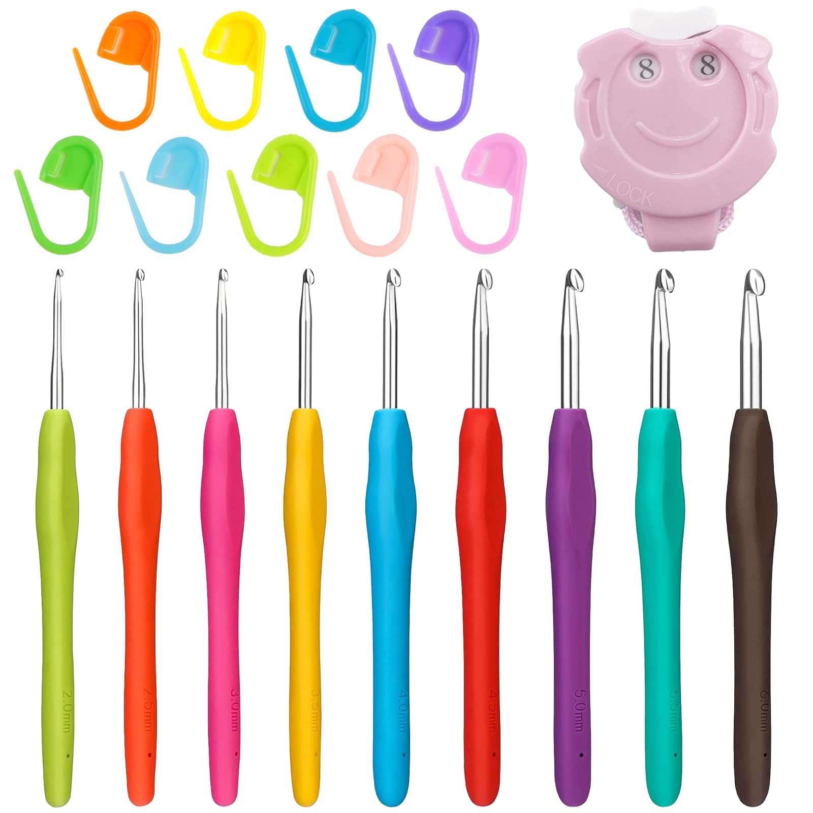 9PCS Crochet Hooks Set with Row Counter for Knitting UK, 2-6mm