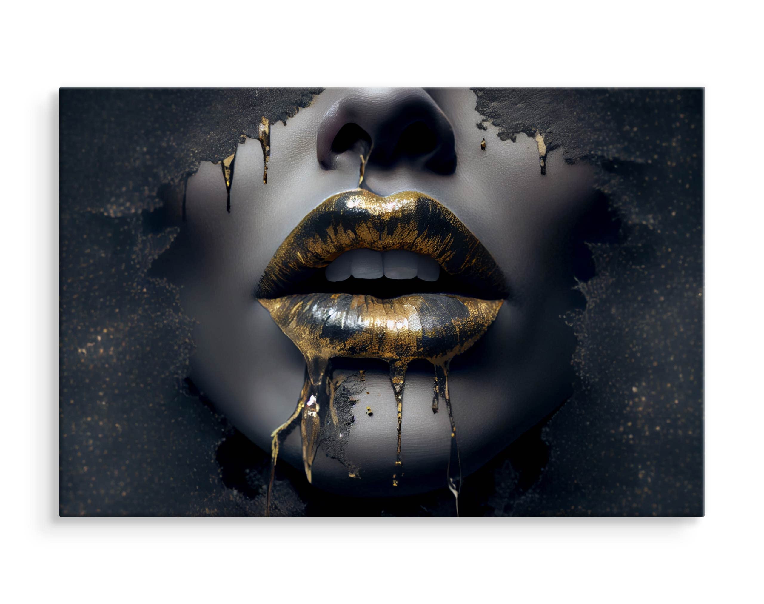 Muralo Tableau Décoration Murale Visage Doré Lèvres Femme - 120x80 cm