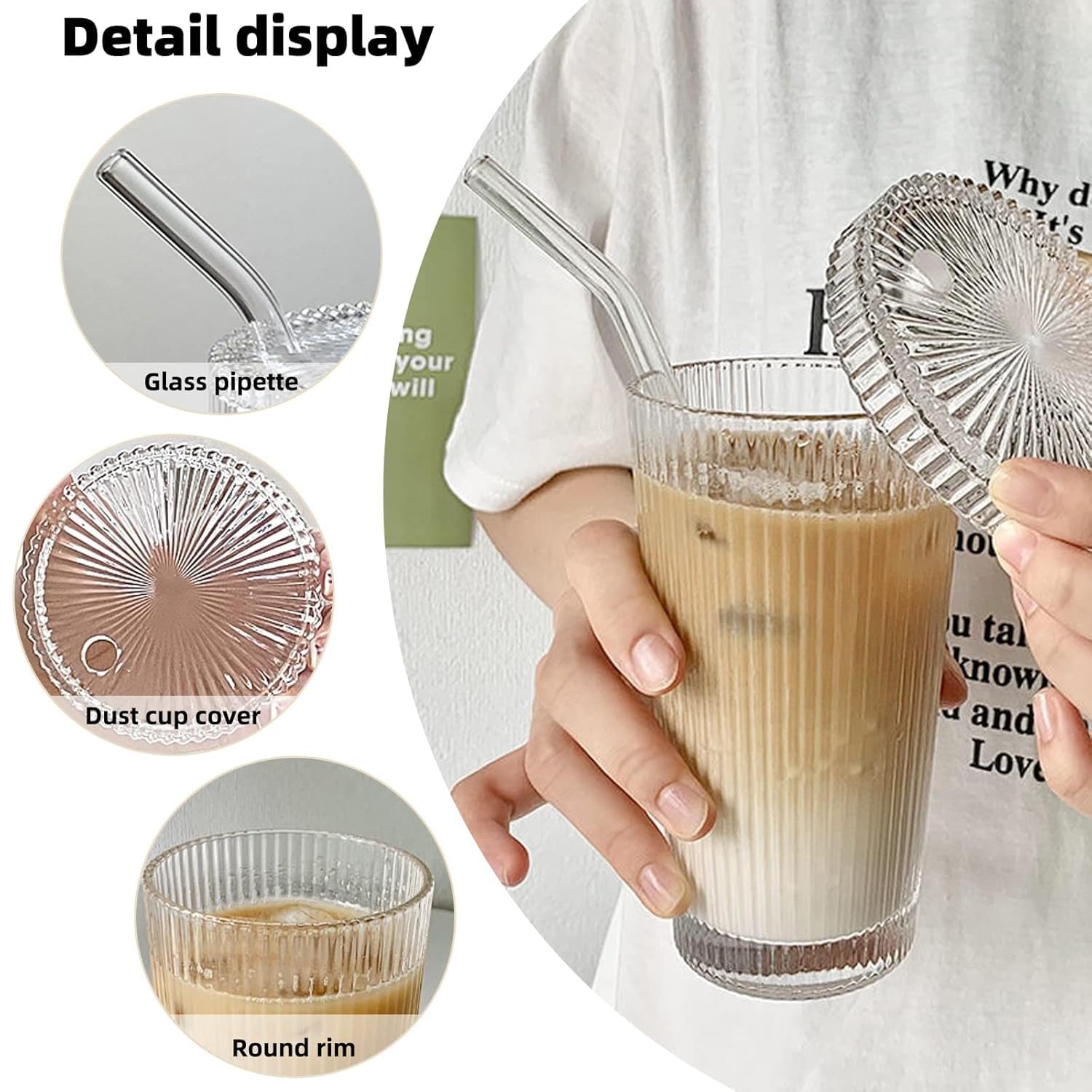UGU ZONE Stripe Glass Tumbler 380 ml (12.5 oz) with Lid & Straw, Vertical Ribbed Drinking Glass Cup for Iced Coffee Water Milk Tea Juice, Reusable Glass Cup (A-Stripe) 2