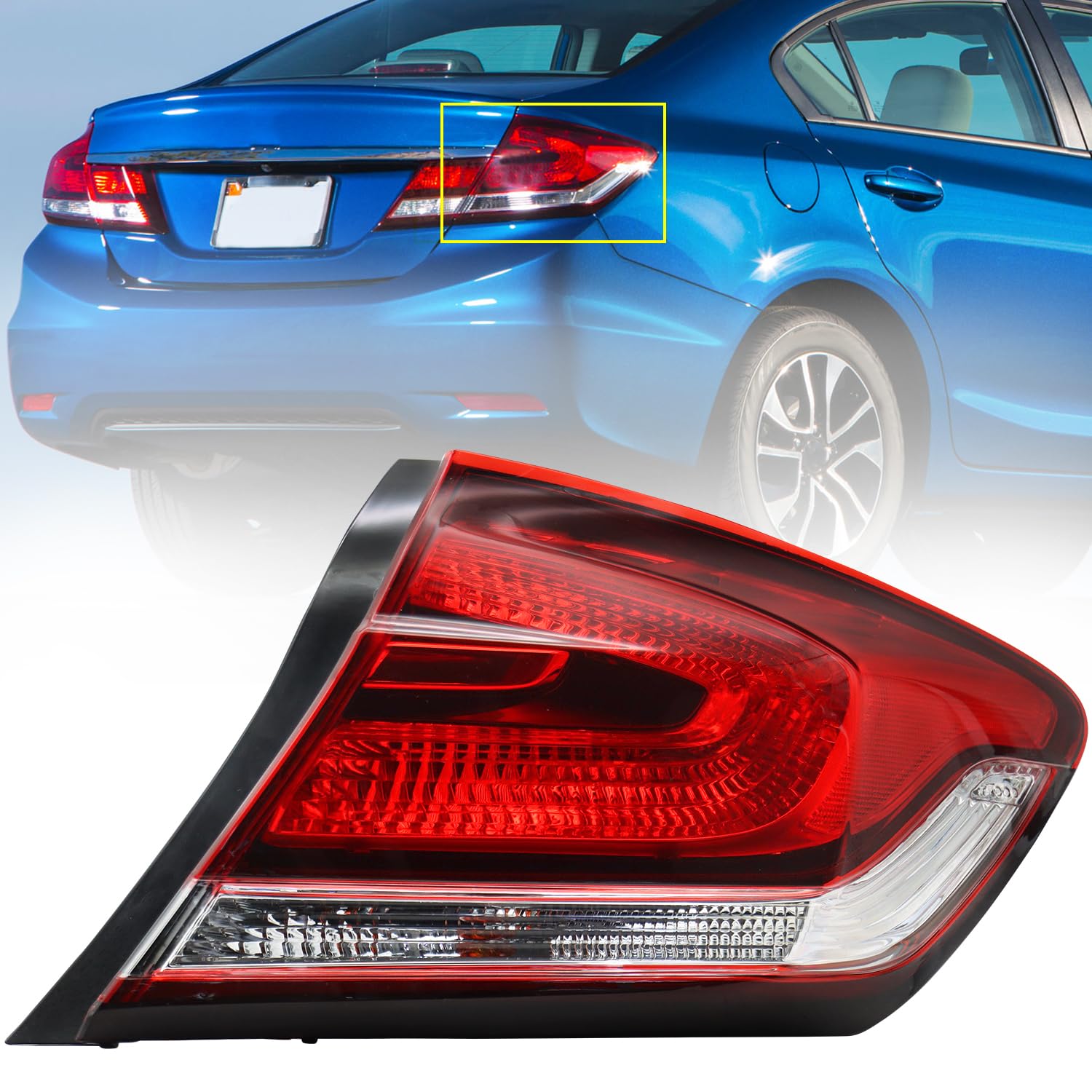Right/Passenger Side Tail Light Fit For 2013-2015 Honda Civic 4 Door Sedan, Halogen Rear Outer Brake Tail Lamp Bulbs Included (Right/Passenger Side)