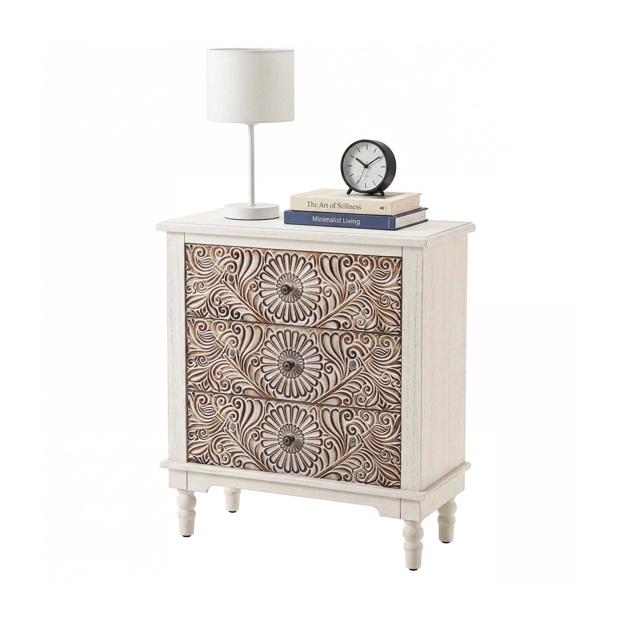 HOMPUS Farmhouse 3-Drawer Dresser with Flower Pattern, Night Stand with 3 Storage Drawers, Fully Assembled Nightstand for Boho, Accent End Table, Chest of Drawers for Entryway, Bedroom, Distress White