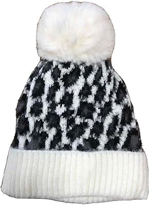Womens Silky Soft Black & White Leopard Print Beanie Hat Knit Stocking Cap