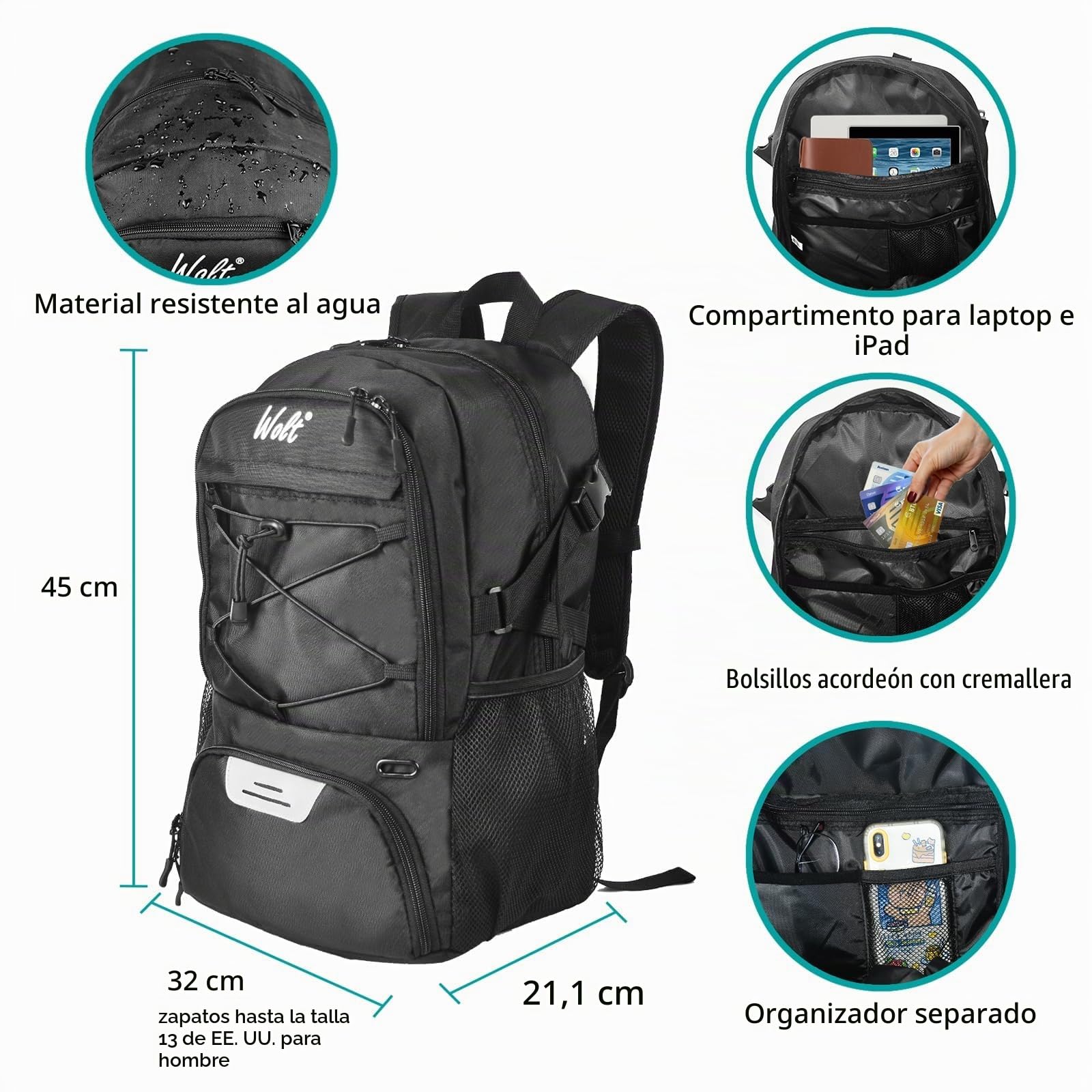 WOLT Bolsa de fútbol con portaequipajes Mochila de Baloncesto con Porta balones Mochila Deportiva con Bolsillo para Botella de Agua
