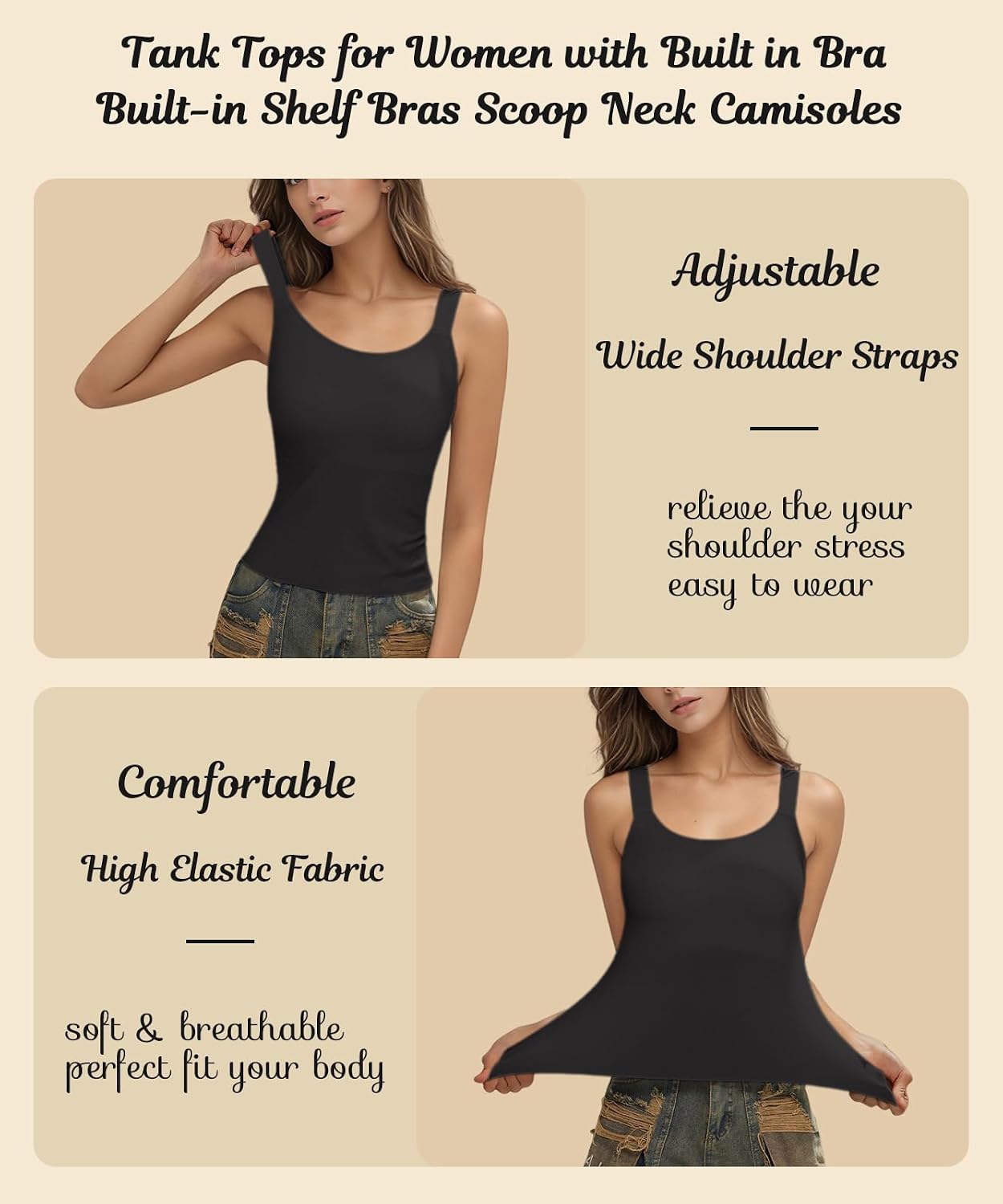 Tank Tops with Built in Bra - Scoop Neck Camisoles Built-in Shelf Bra Loose Double-Layered Undershirt for Sleeping