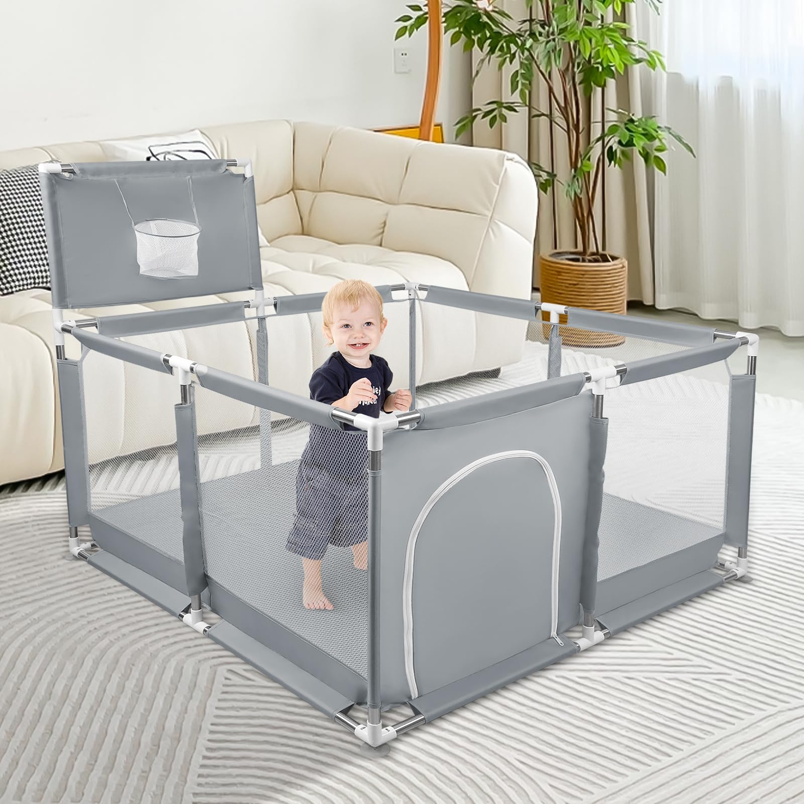 Laufstall Baby, Indoor & Outdoor Laufgitter Baby Große xxl Sicherheitsspielplatz Schutzgitter für Kinder mit Weichem Netz, Rutschfestem Oxford Bottom, 126 x 126 x 66 cm – Dunkelgrau