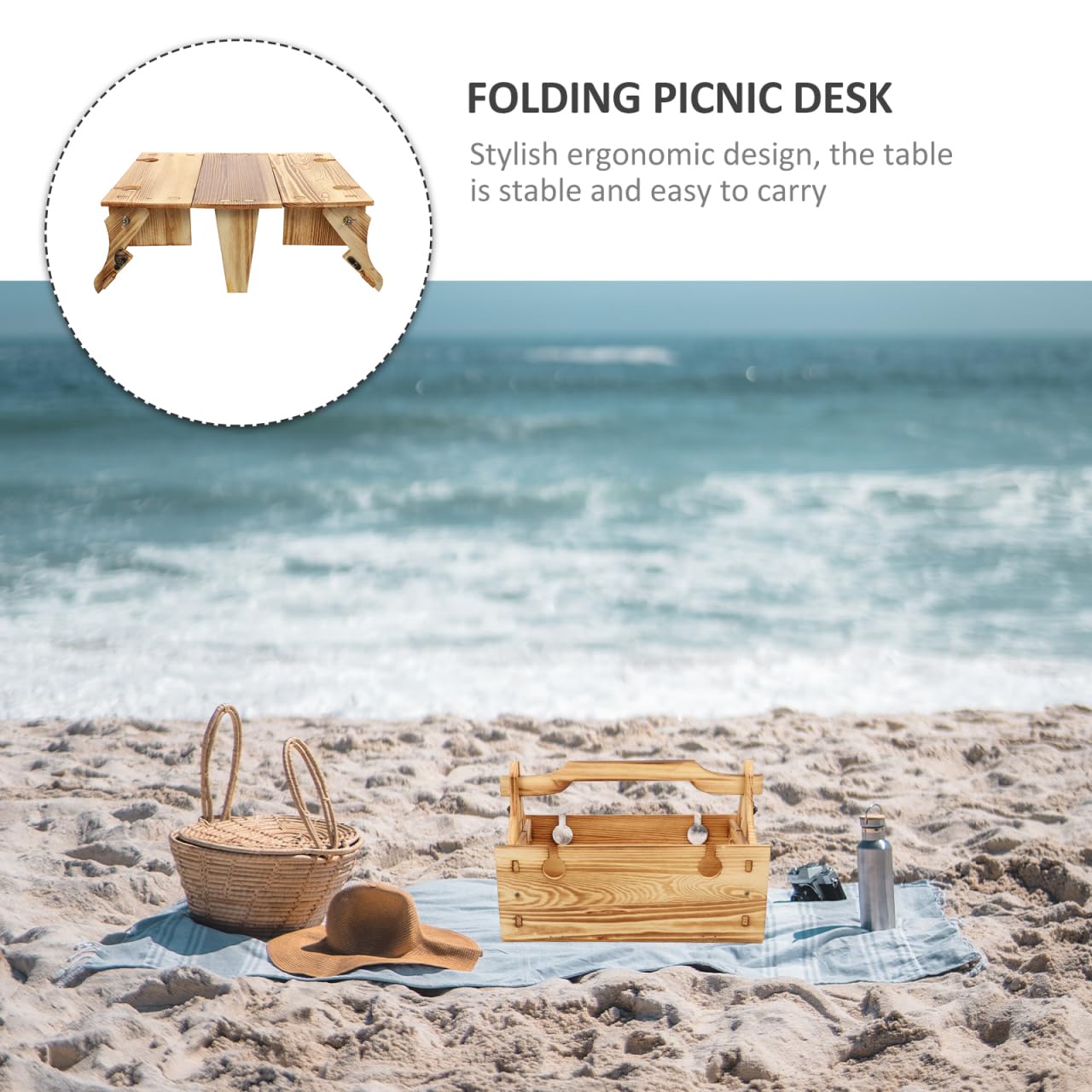 GANAZONO Mesa plegable con cesta para vino, picnic al aire libre, cesta de picnic de madera, mesa plegable para exteriores, mini contenedor de vino y queso, accesorio para picnic, mesa de picnic de