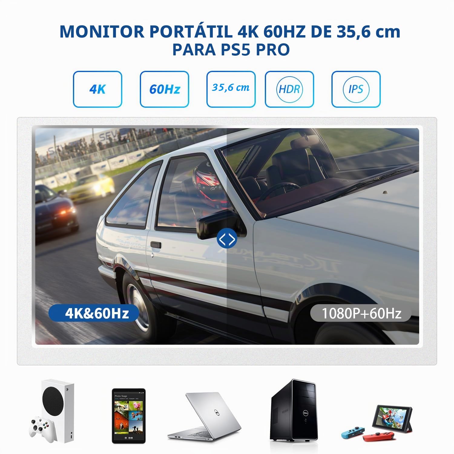 G-STORY Monitor portátil para juegos de 14" IPS 4K 60Hz con integración para PS5 pro (PS5 pro no incluido) 3840×2160 con 2 puertos HDMI, FreeSync, 2 altavoces estéreo multimedia integrados