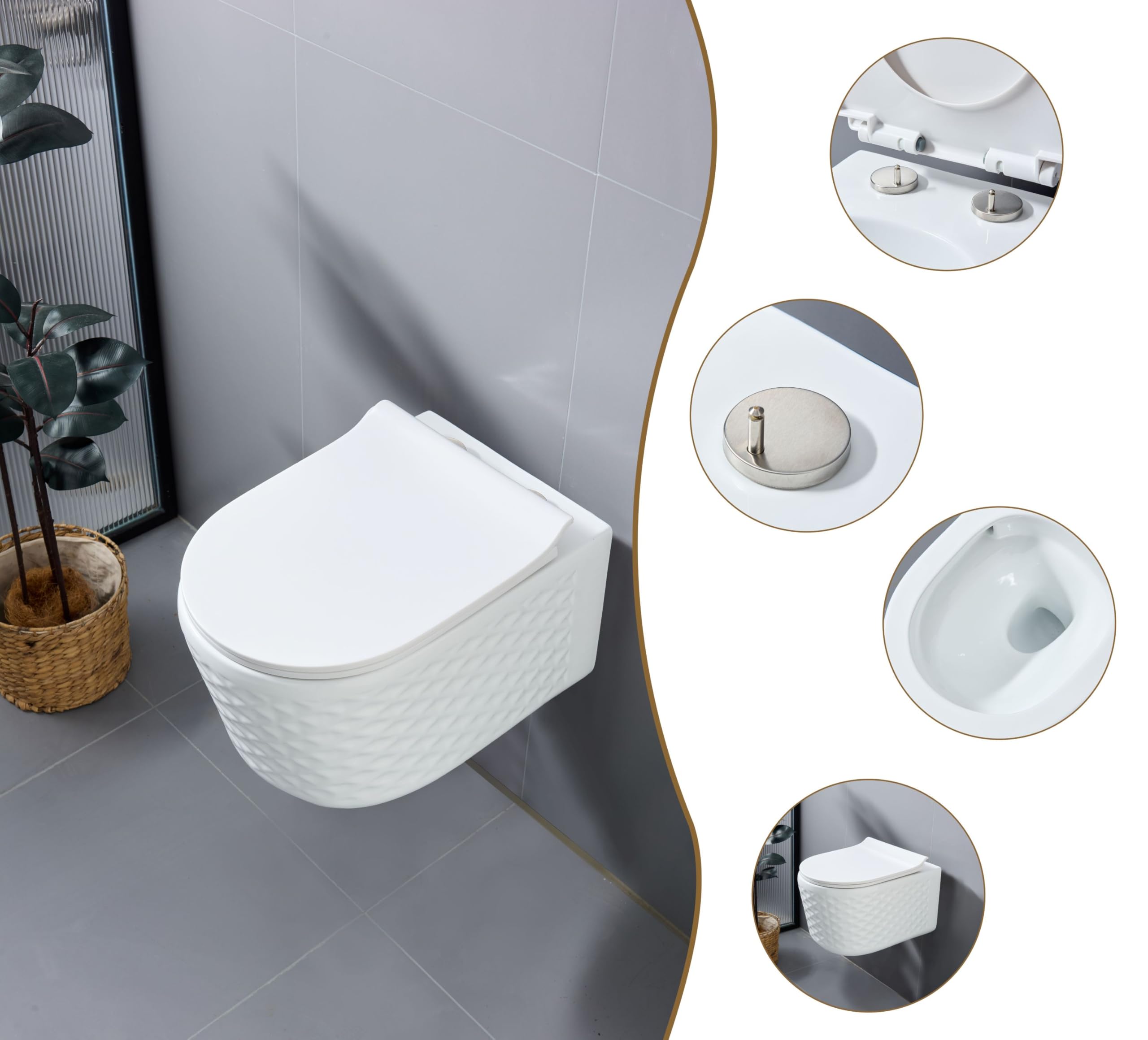 WC suspendu sans rebord Nano revêtement Céramique Toilettes et abattant avec fermeture automatique (élégant en blanc)