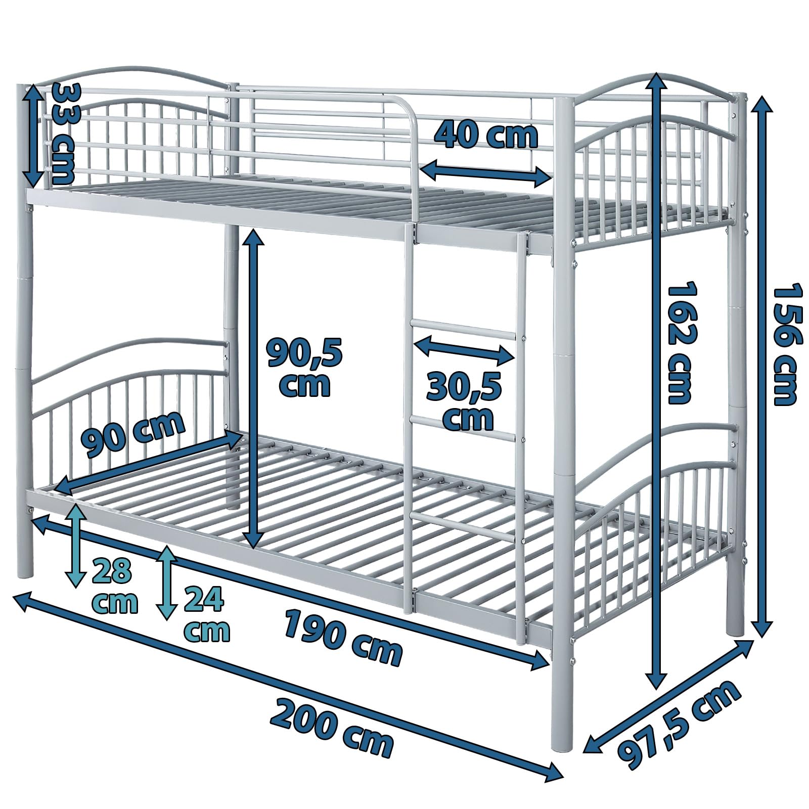 BB Sport Etagenbett Stockbett Hochbett 190 x 90 cm Metall - teilbar in Zwei Einzelbetten