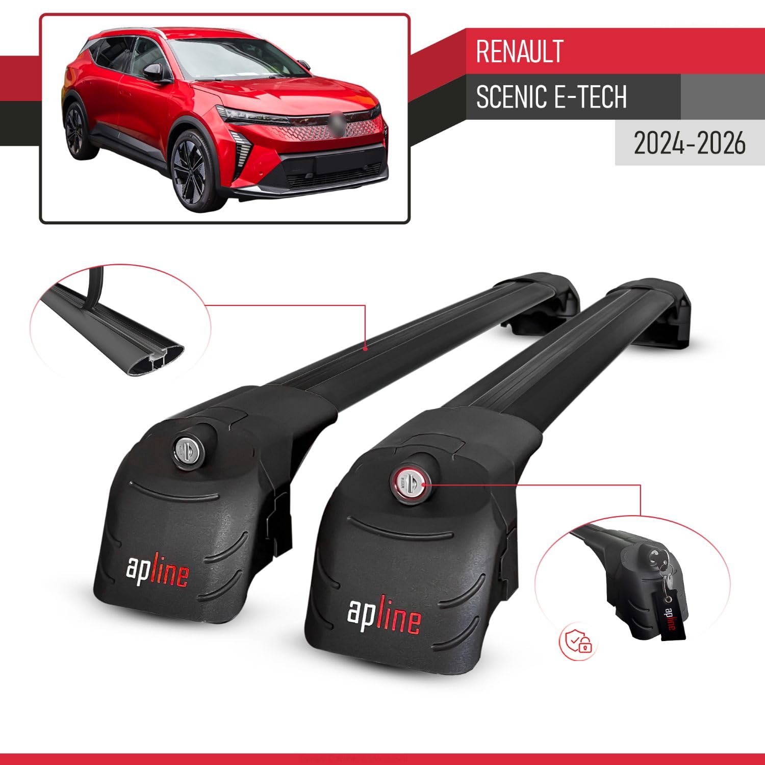 Compatible avec Renault Scenic E-Tech 2024-2026 ACE-2 Modèle Barres de Toit Railing Porte-Bagages de Voiture Aluminium Noir 2 Barres