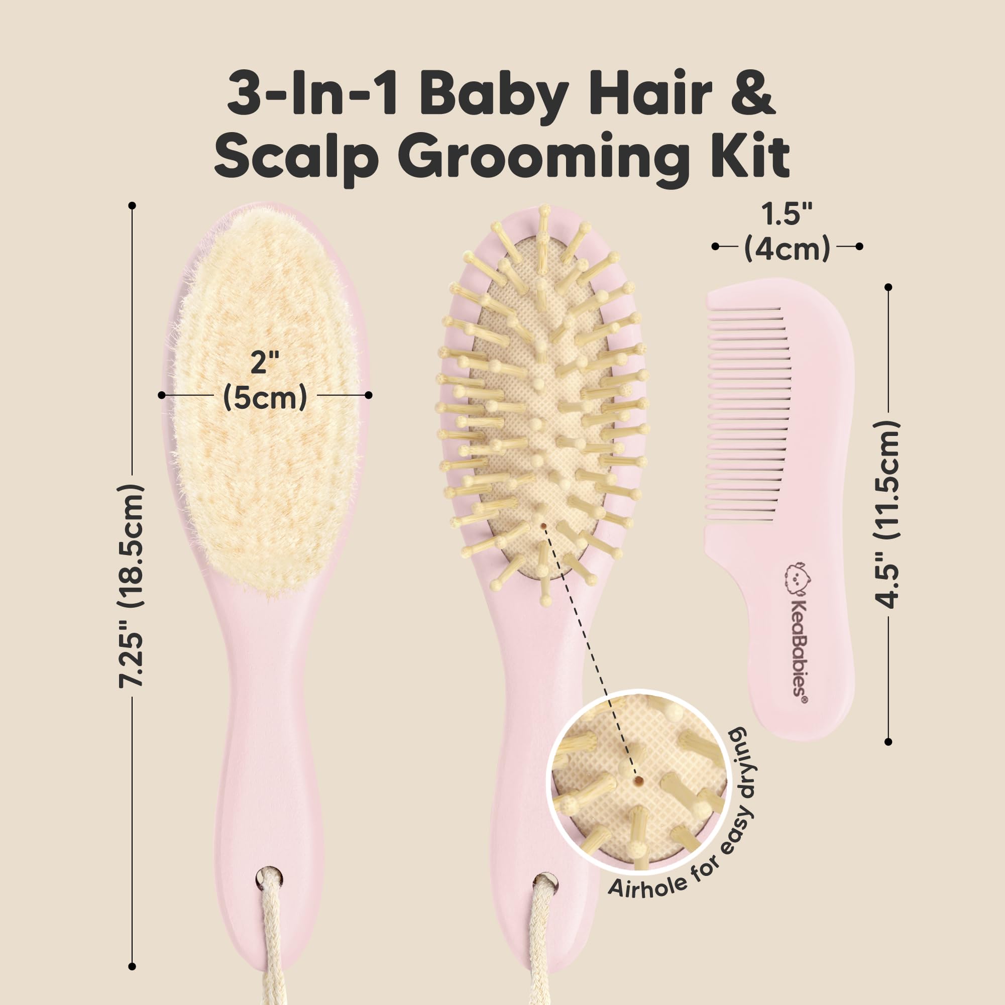 Set di spazzole per capelli in legno con setole di capra morbida, set di spazzole per neonati, pennello per neonati e set di pettini ragazza, ragazzo, pennello per culle bambino (Oval, Blush)