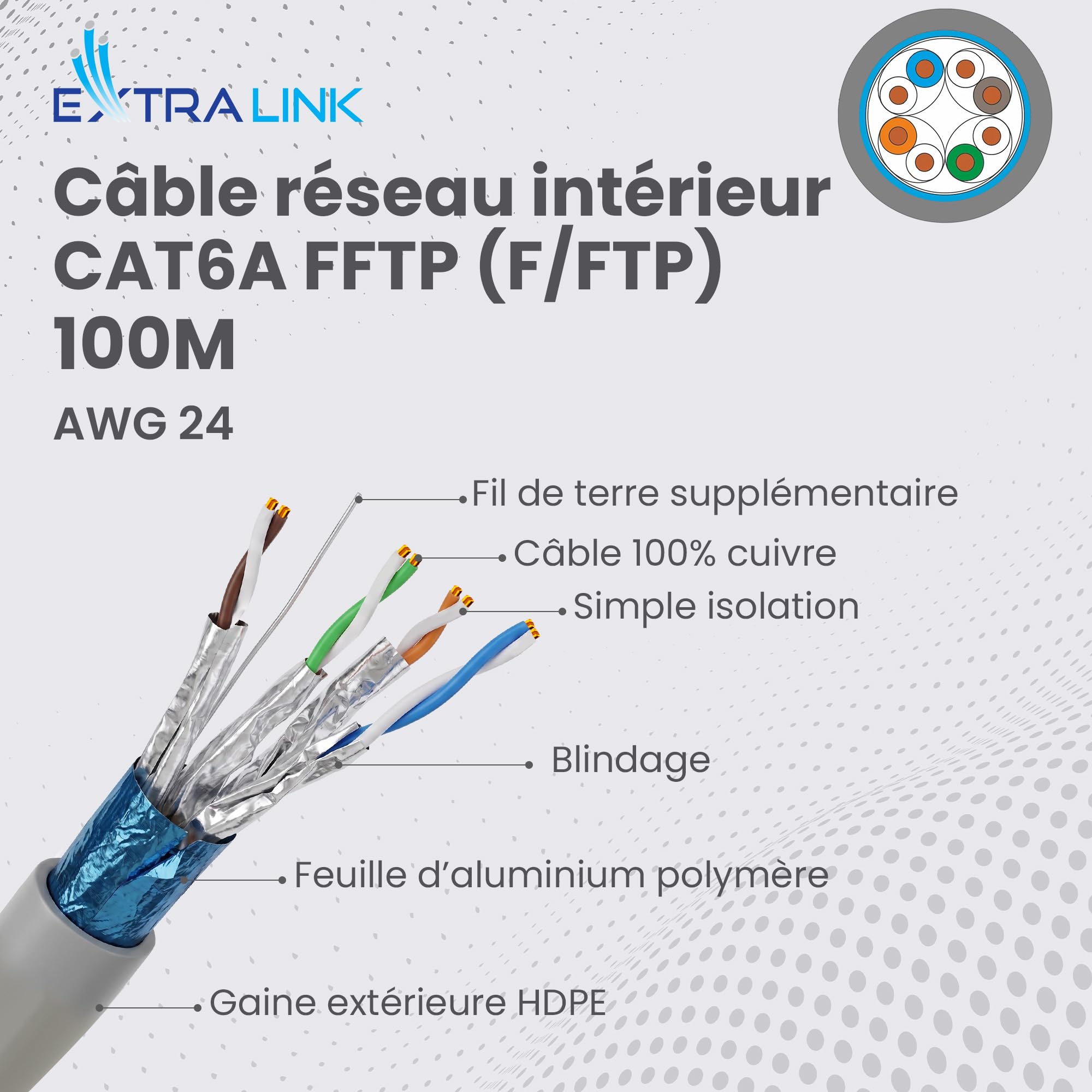 EXTRALINK Câble ethernet CAT6A F/FTP 100m blindé 10 Gbit/s 500 MHz PoE++