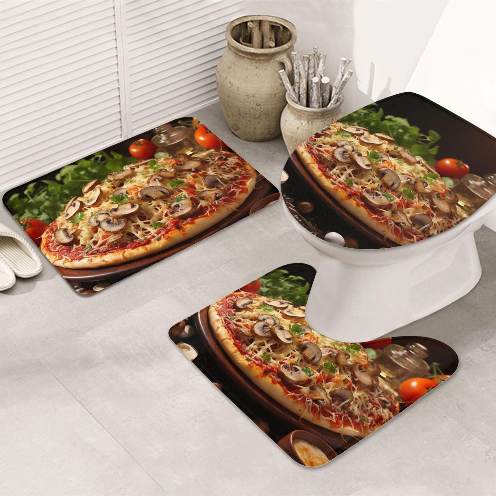 Tapis de bain pizza OUSIKA lot de 3 antidérapant avec contour WC design original et confortable