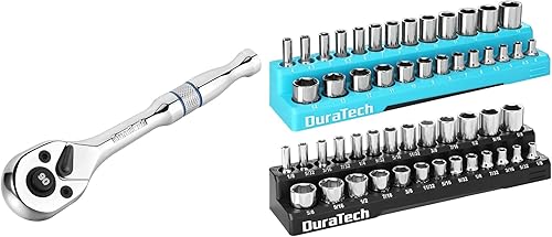 DURATECH Juego de organizador de trinquete de 14 pulgadas y dados magnéticos, soportes de enchufe SAE y métrico de 14 pulgadas para caja de