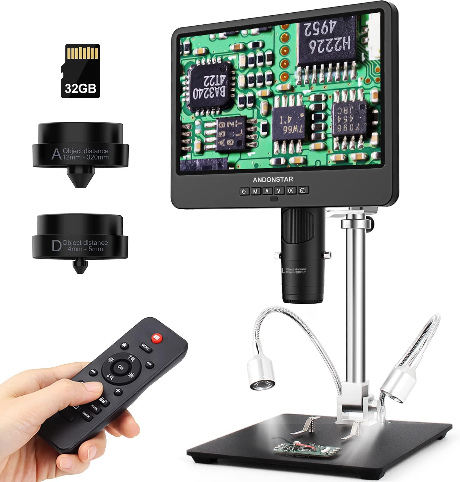 Andonstar AD249S HDMI Digital Microscope with 10.1" Screen, Soldering Microscope with Metal Stand, 2000X 3 Lens Coin Microscope Kit for Kids and Adults, Photo/Video Recording, Windows Compatible