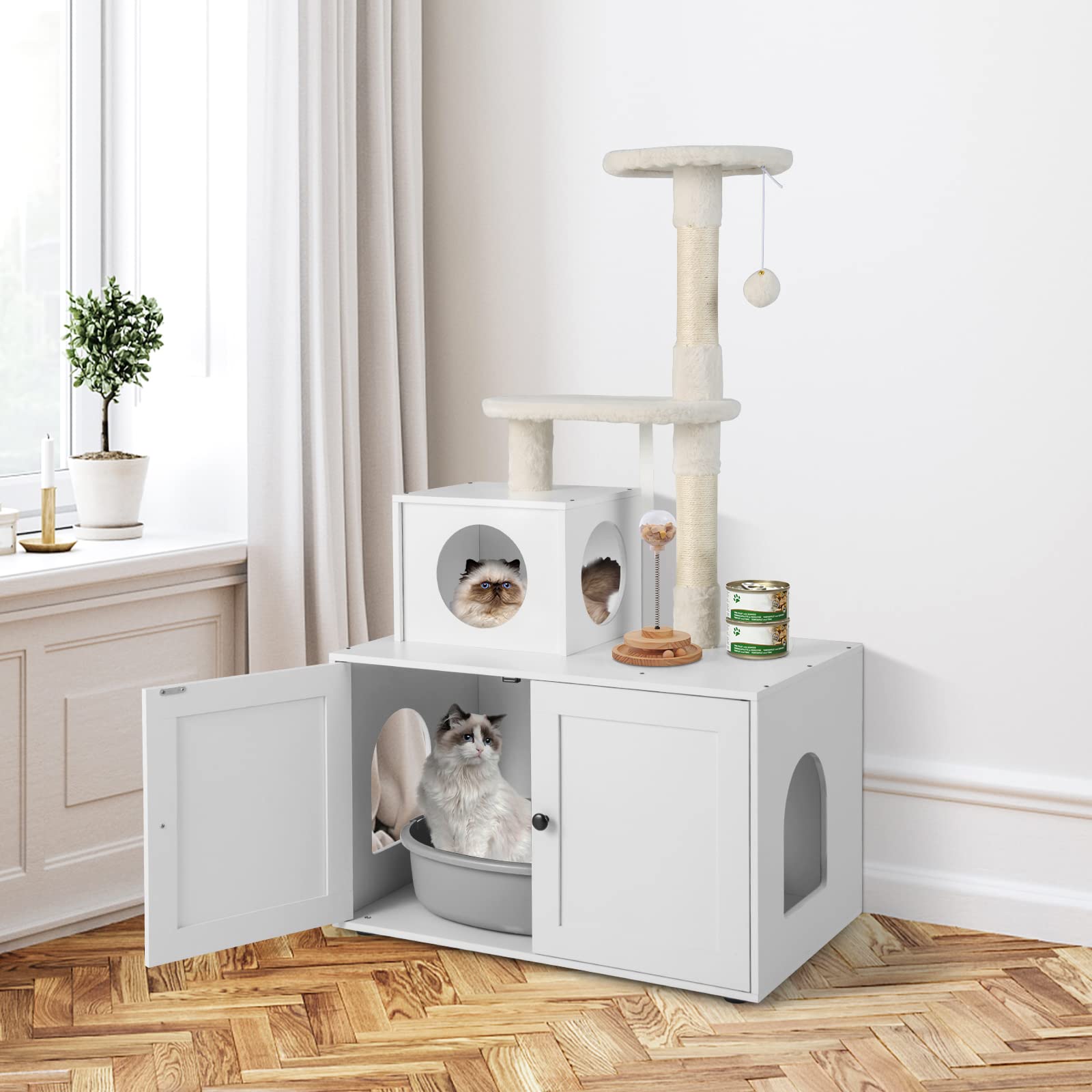GYMAX 2-in-1 Kratzbaum 132 cm, multifunktionaler Katzenbaum mit Katzentoilette, Katzenschrank mit Katzenhaus, Kletterbaum, Katzenkratzbaum mit Plattform, Sisal-Kratzpfosten & hängendem Ball (Weiß)