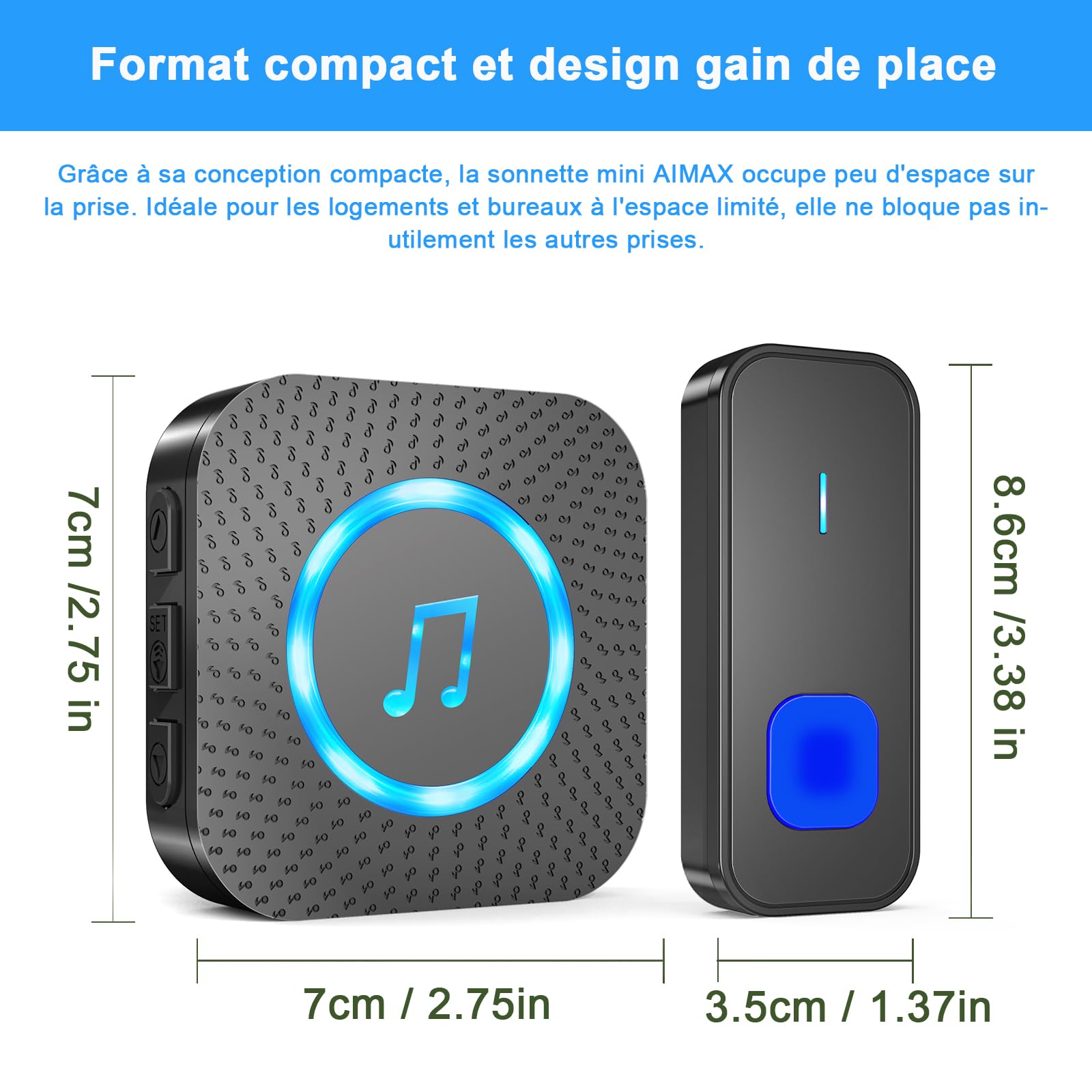AIMAX Sonnette sans fil avec 3 émetteurs et 4 récepteurs, longue portée 400 m, étanche IP55, 55 sonneries, 5 niveaux de volume avec clignotement LED, installation sans fil, noire
