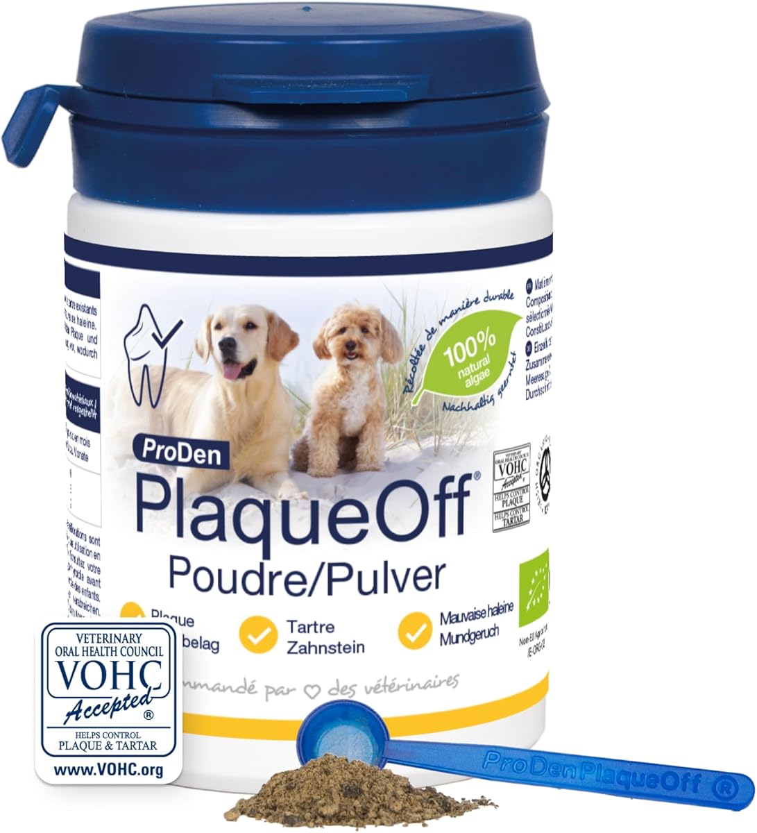 ProDen PlaqueOff Poudre pour Chiens et Chats, Éliminateur de Tartre et Mauvais Souffle, Nettoyant Dentaire 100 % Naturel et Éliminateur de Plaque, 60 g