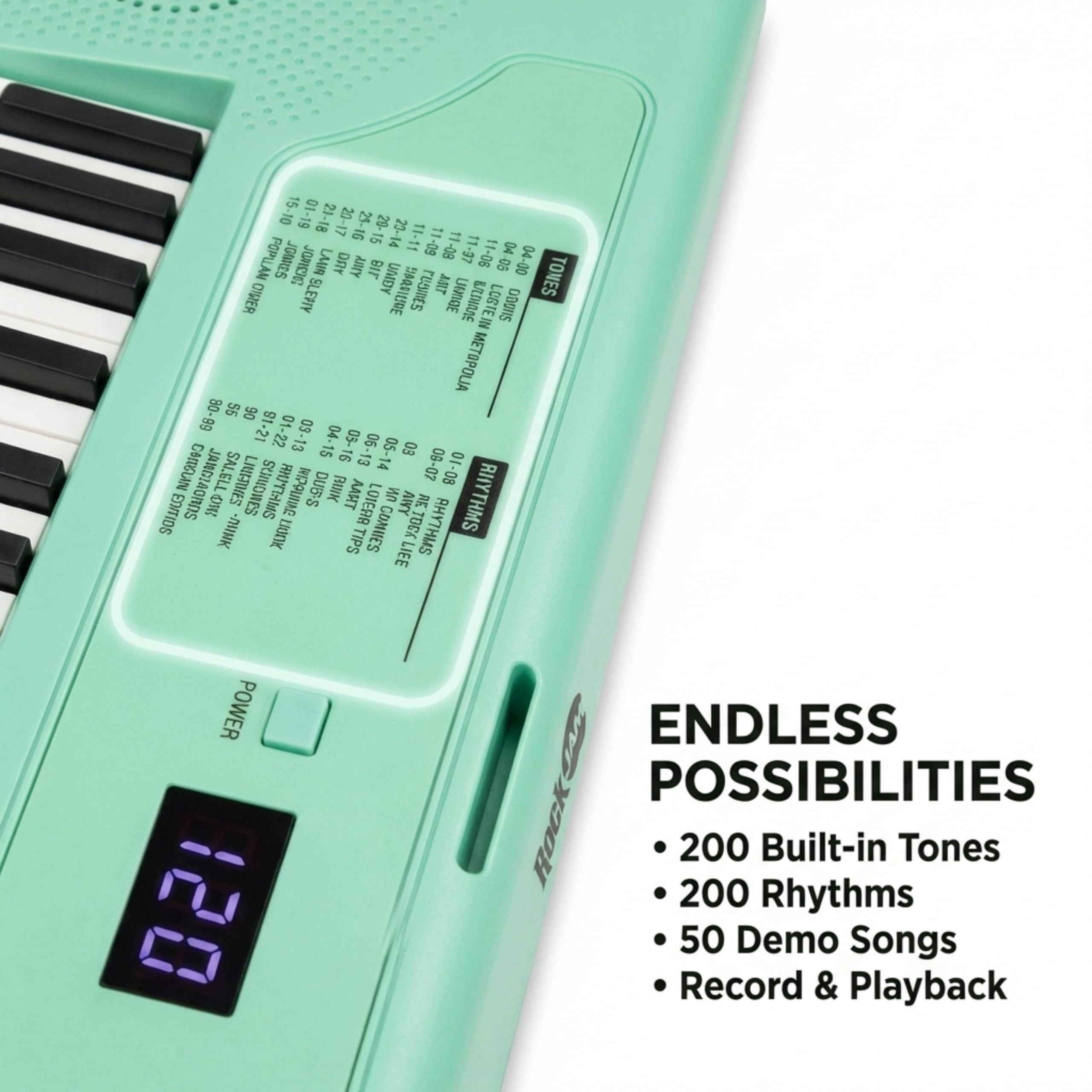 RockJam RJ490MG Mini Teclado Piano de 49 Teclas, Sintetizador Electrónico Portátil Verde menta con USB-C, Altavoces, Jack de Auriculares, 200 Tonos y Ritmos