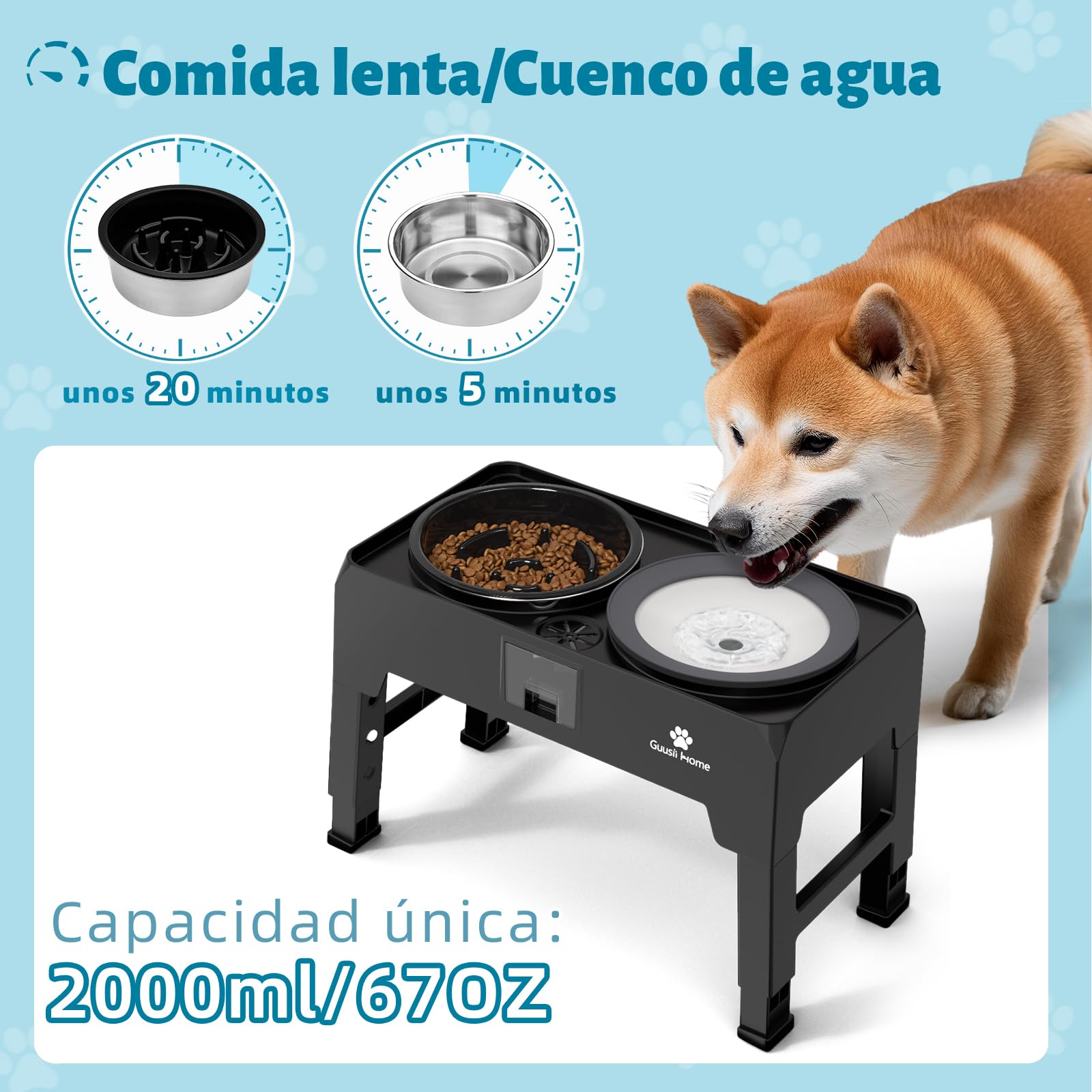 GUUSII HOME Comedero Perro Elevado Grande Cuenco Alto Perro Soporte Comederos y Bebedero para Perros Grandes Elevador Bol Altura Ajustable 43.5 * 24.4 * 12/25.7/29.7/33.7cm 2000ml Elevated Dog Bowl