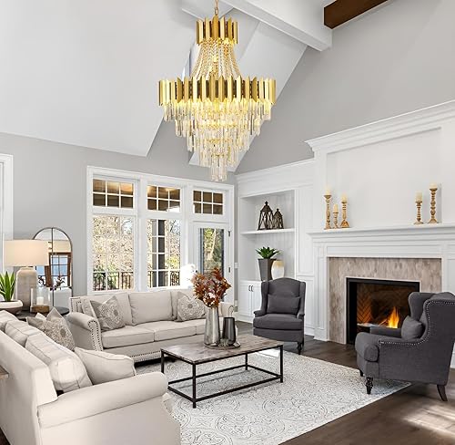 Miniatura 10 de Afficat Candelabro de cristal dorado de lujo, 3 niveles con forma de gota de lluvia K9 para comedor, estilo emperador, lámpara de techo colgante