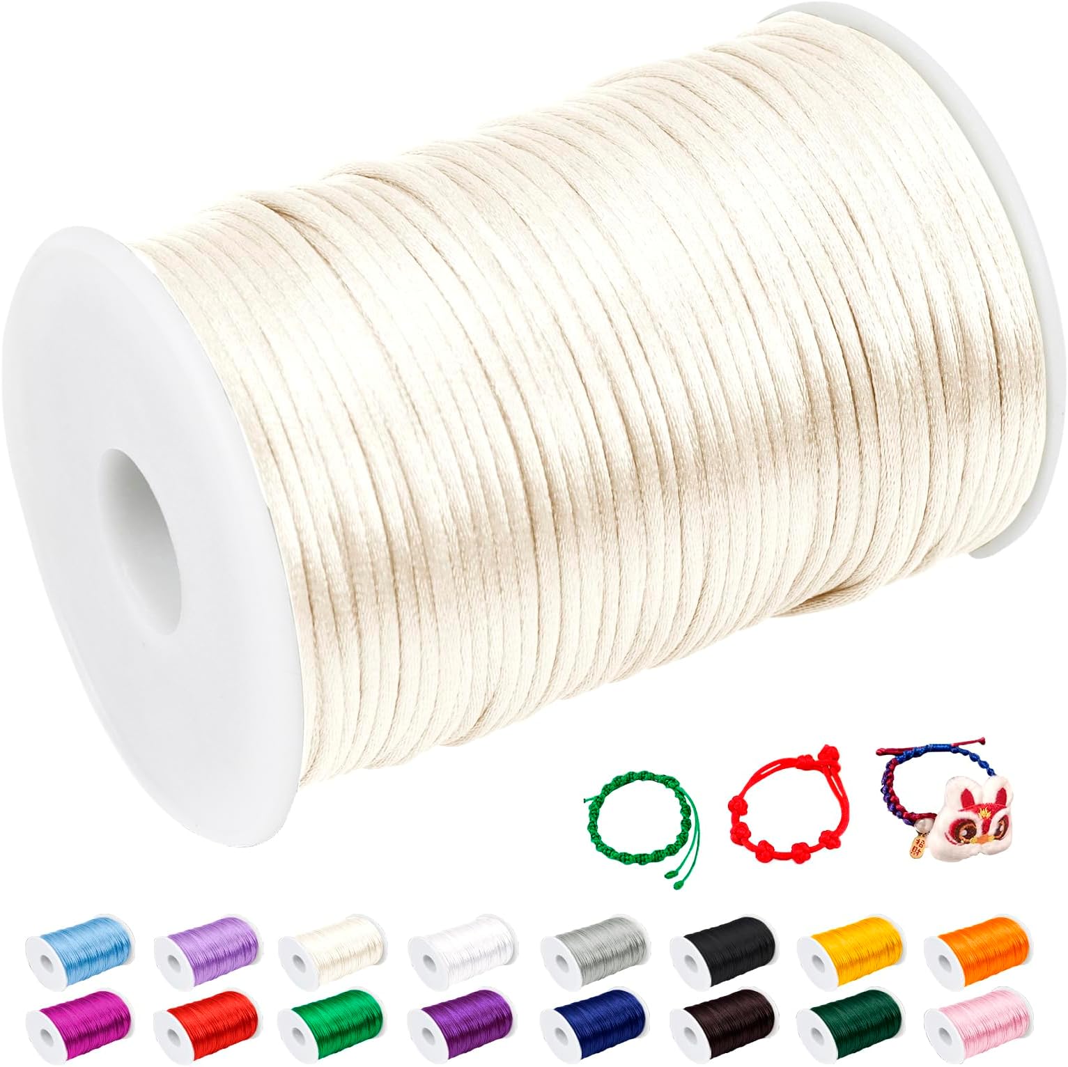 CAMAL 2 mm Nylon Thread for Bracelet, 100 m Thread Bracelet Cord Satin Cord Sliding Bracelet Colourful String Necklace for Pendant, Beads, Jewellery Creation, DIY Crafts (Beige)
