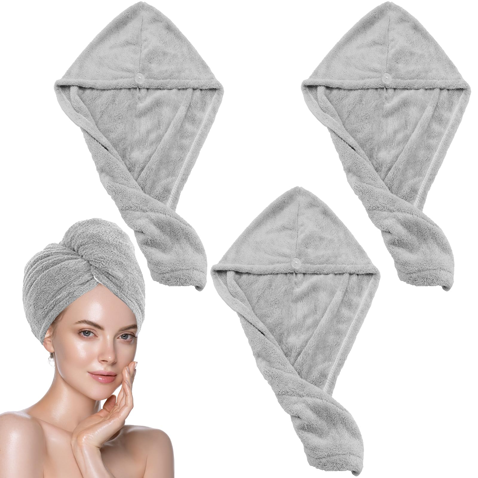 KASURE 3 Pieza Toalla Microfibra Pelo,Absorción de Agua Suave Toalla Pelo,Gorras para El Cabello con Botones,Toalla Pelo Secado Rapido et Anti Frizz para para Cabello Largo, Rizado y Grueso(Gris)