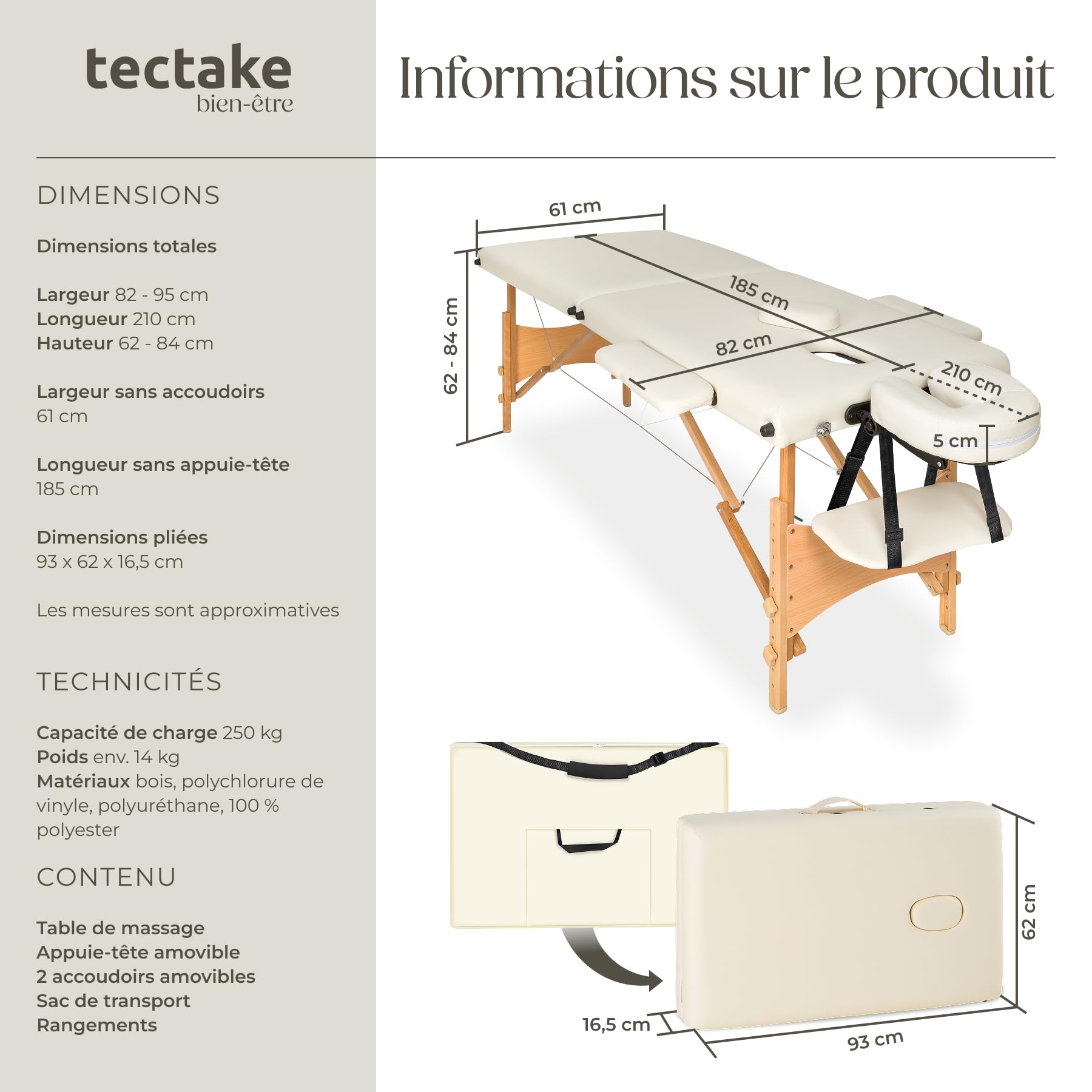 tectake Table de Massage 2 Zones Pliante Cosmetique Lit de Massage Table Esthetique Tatouage Portable avec Repose Bras, Housse de Transport Incluse - Beige