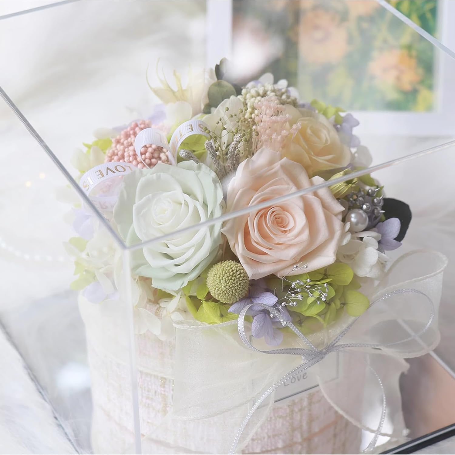 Preserved Flower Gift Box Cake Style Rose Flower Birthday Gift Holiday Mother Wife Friends Best Friends (Champagne)