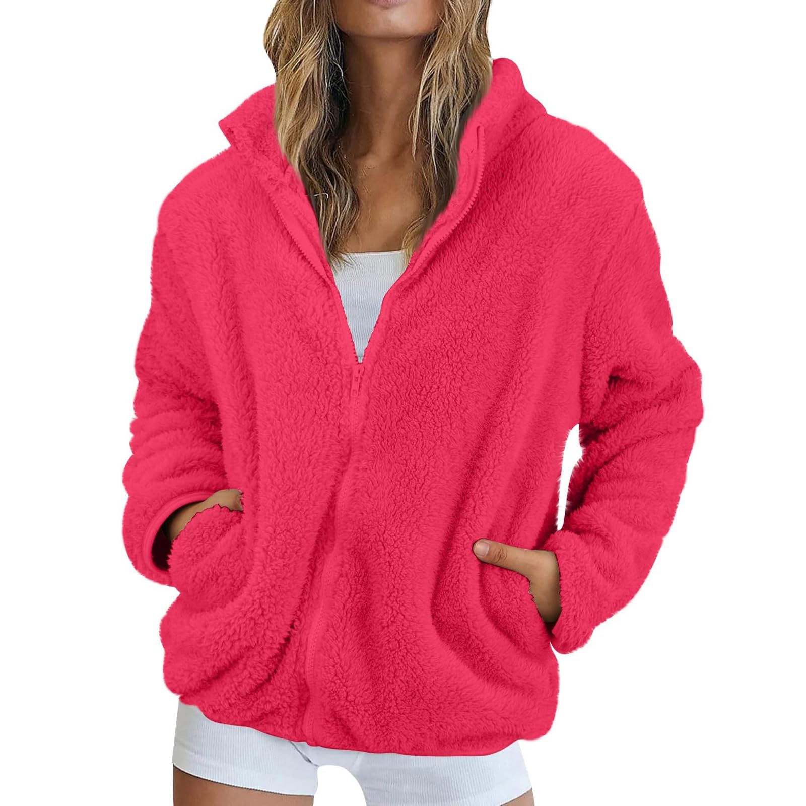 Sherpa Jacket for Women Oversized Long Sleeve Zip Up Fleece Coats Fuzzy Lapel Outerwear Clothing Medium Hot Pink