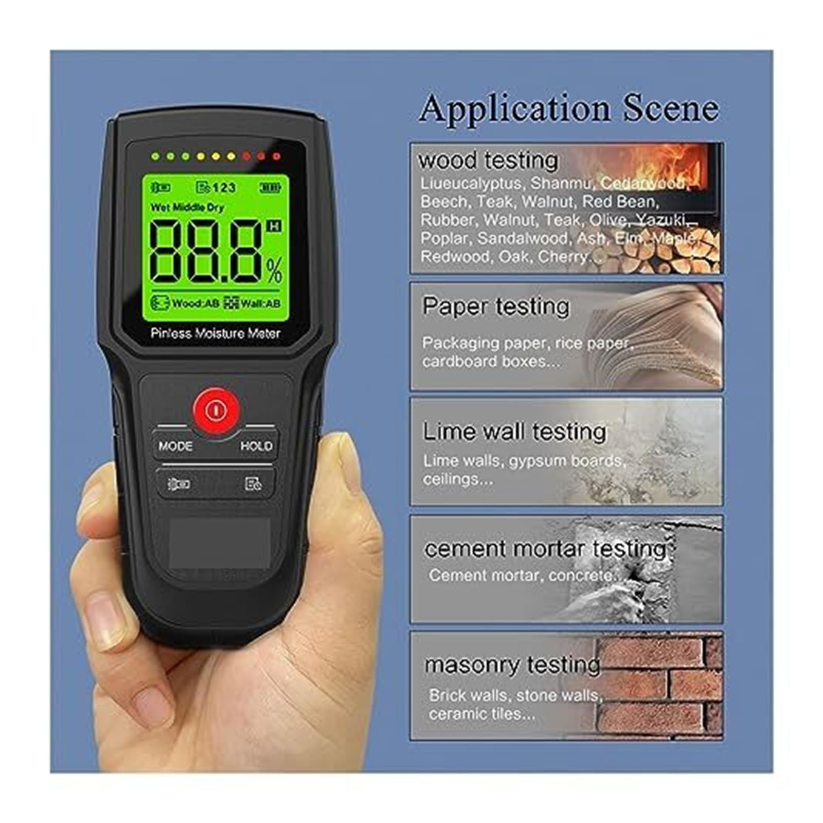Higrómetro sin clavija M80 Medidor de humedad digital LCD for madera y hormigón - Detector con retroiluminación