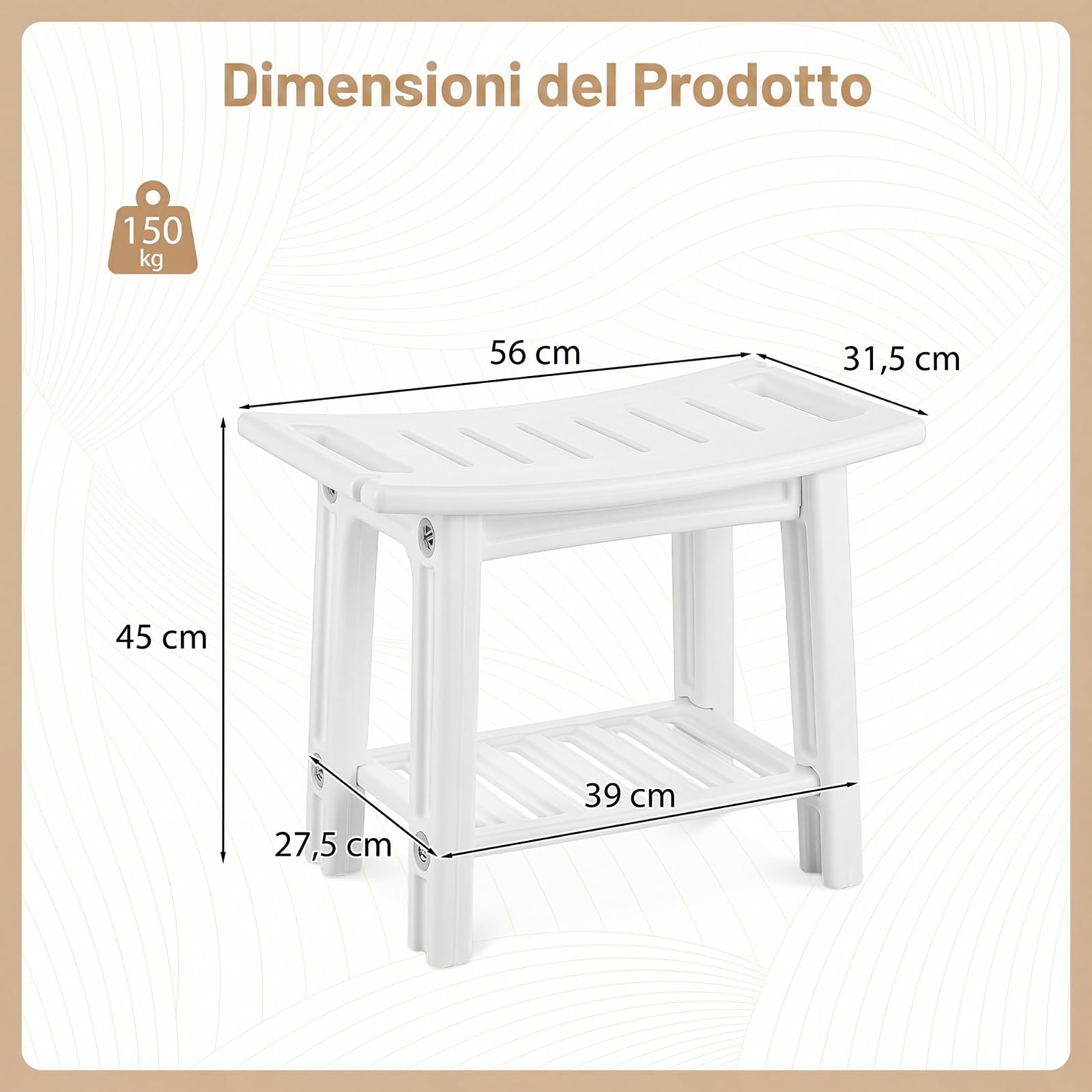 COSTWAY Sgabello da Doccia in HDPE, Portata 150 kg, 55,5 x 31,5 x 45 cm
