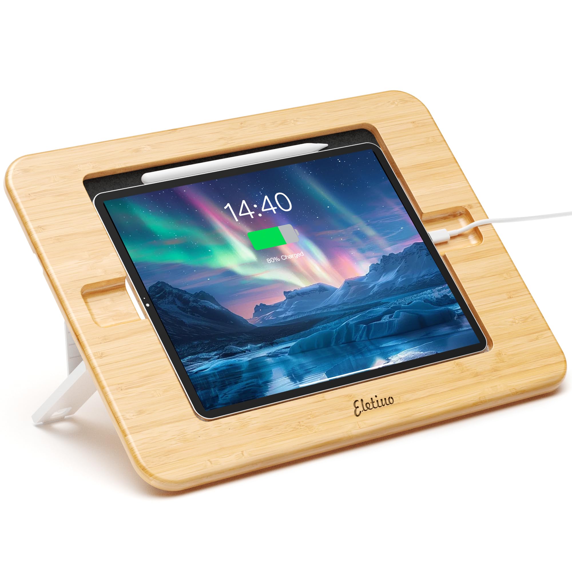 ELETIUO Bamboo Tablet Stand with Pencil Wireless Charging for 9 7-13 Devices Multi-Angle Adjustable Stand for Drawing Compatible