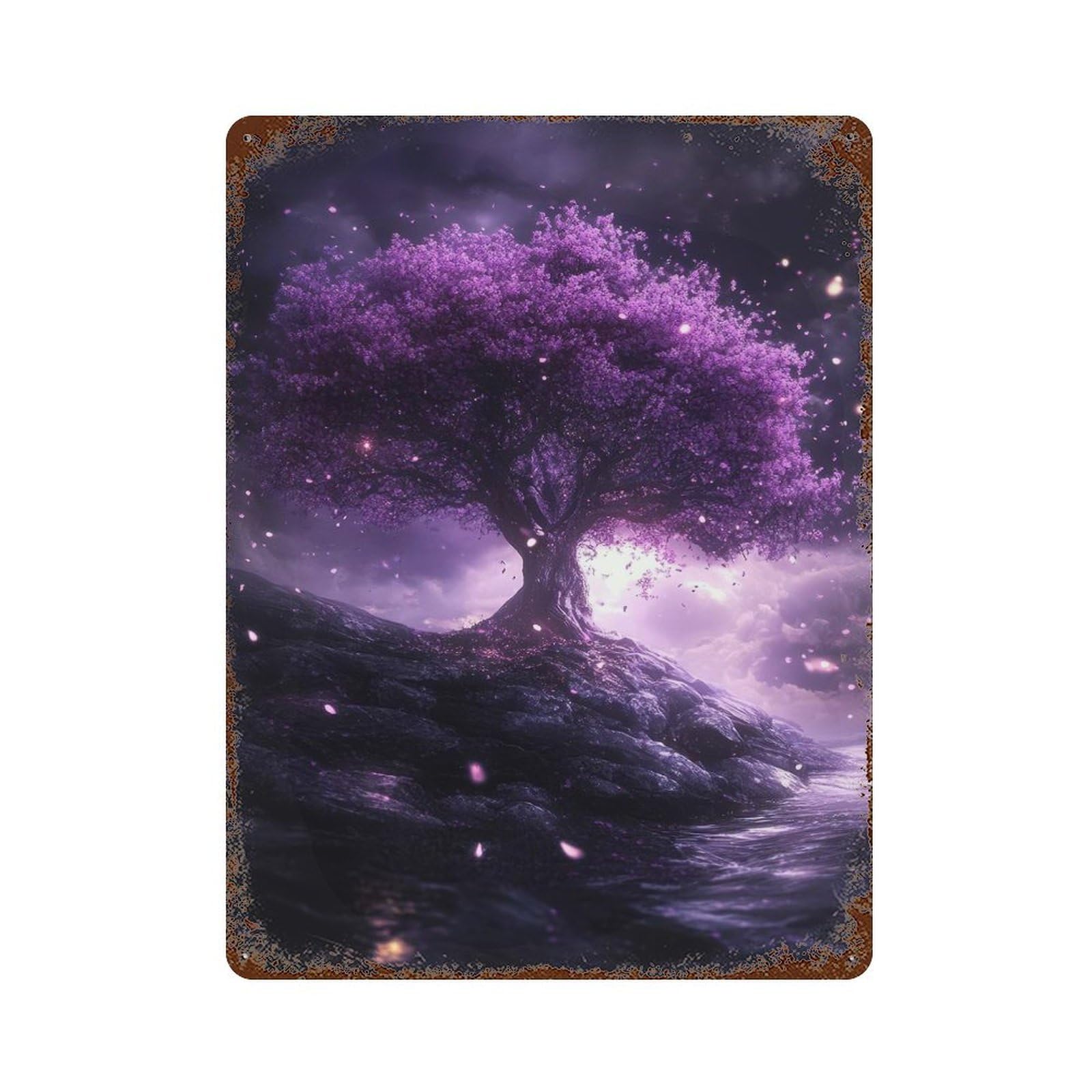 Distressed Metal Wall Sign Cherry Blossom Fantasy Tree 15.7"x11.8", Vintage Wall Decor for Garage, Bar And Workshop Decor