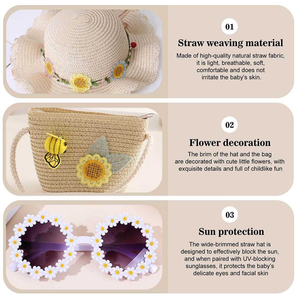 Girasoles Sombrero de Paja Niñas, Gorra de Sol Chica y Bolsa de Paja Set Gorro de Playa Gafas de Sols Playa de Verano Sombrero Mini Bolsa Cruzada de Pajas Sombreros para Viaje Beach Piscina(Beige)
