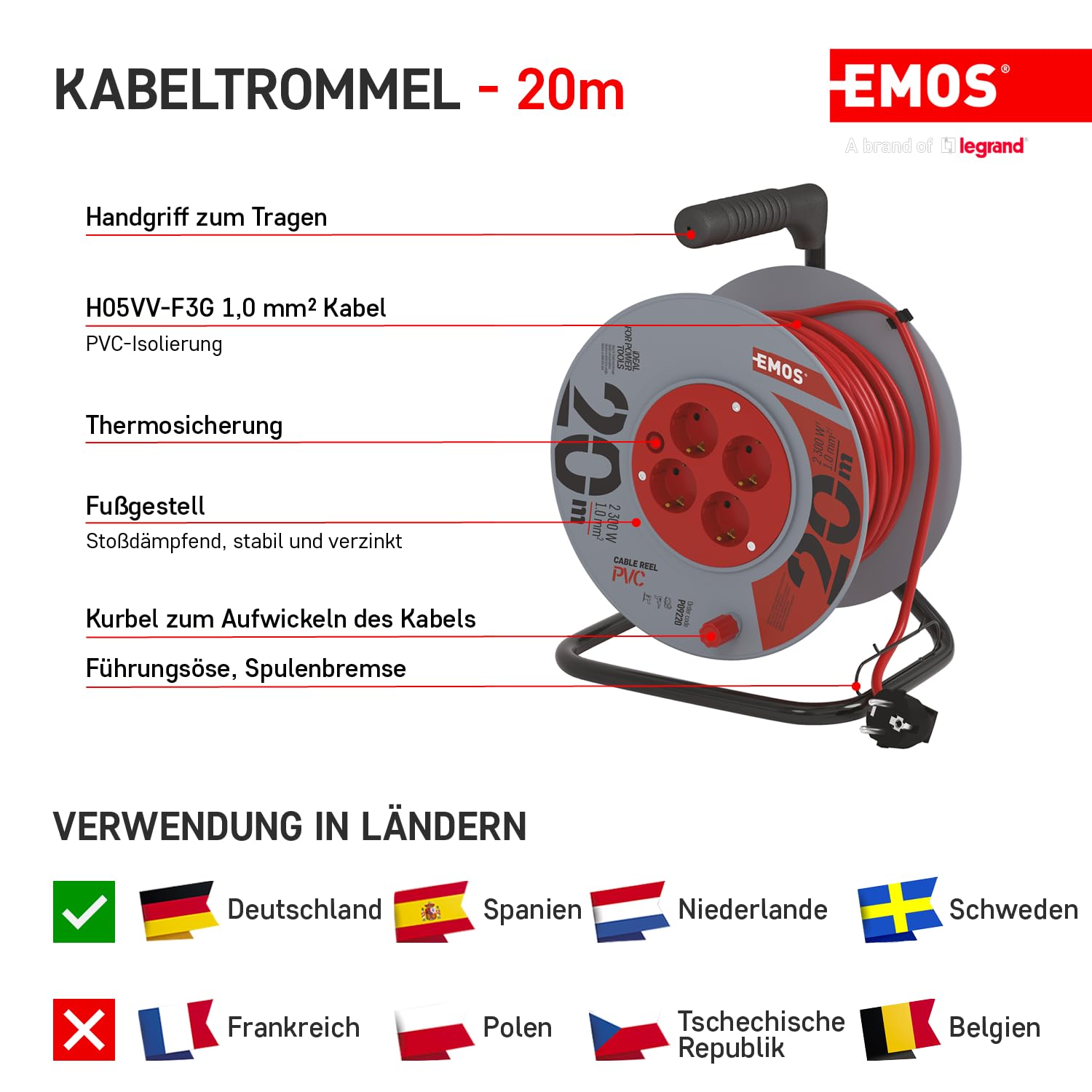Enrouleur De Câble 20m EMOS - 4 Prises Françaises, 2300W, Protection Surchauffe - Pour Intérieur Et Jardin
