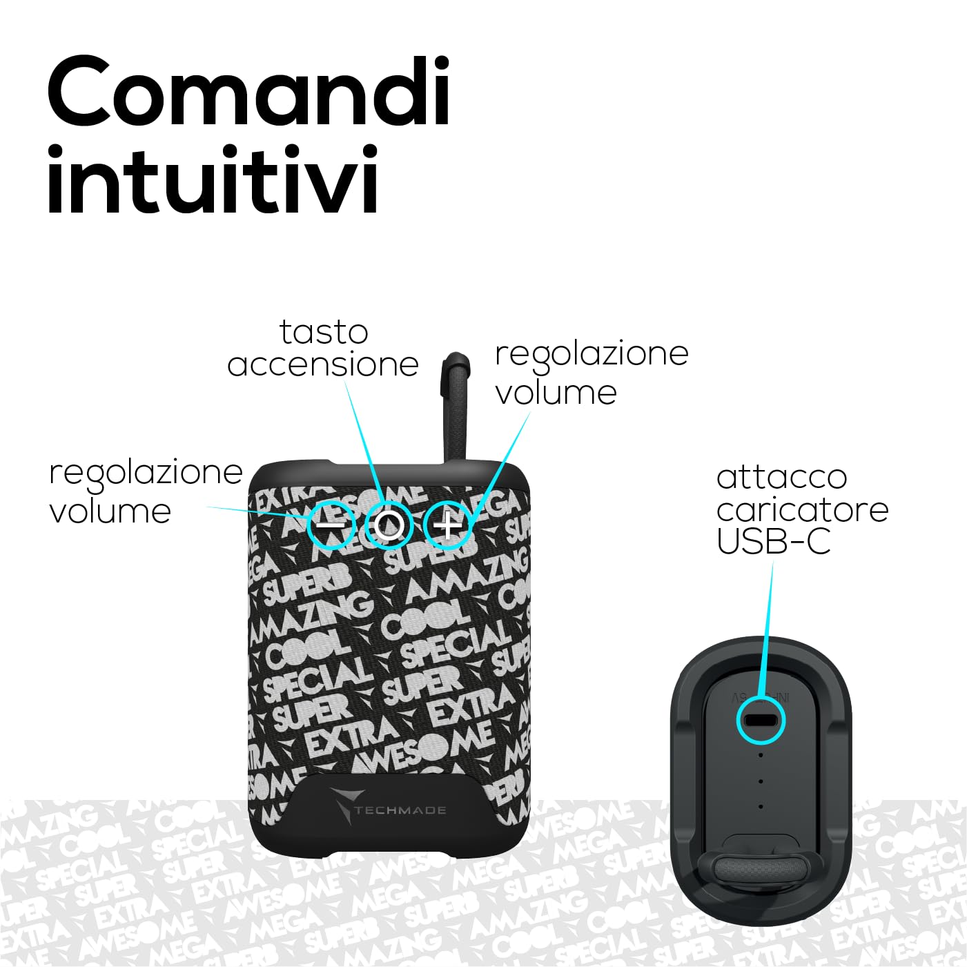 TECHMADE Speaker Bluetooth Portatile, Cassa Altoparlante Wireless con Design Compatto| Distanza operativa 10metri|Connessione senza filo e vivavoce (fantasia nero)