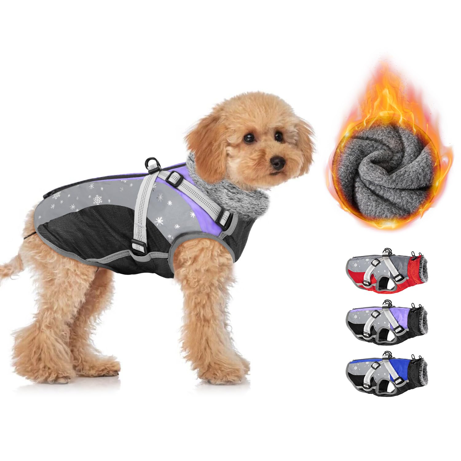 SlowTon Dog Winter Coat with Harness Built in, Waterproof Fleece Warm Dog Jacket for Small Medium Dogs, Reflective Adjustable Furry Puppy Vest Clothes for Outdoor Walking (Purple,Size Small)