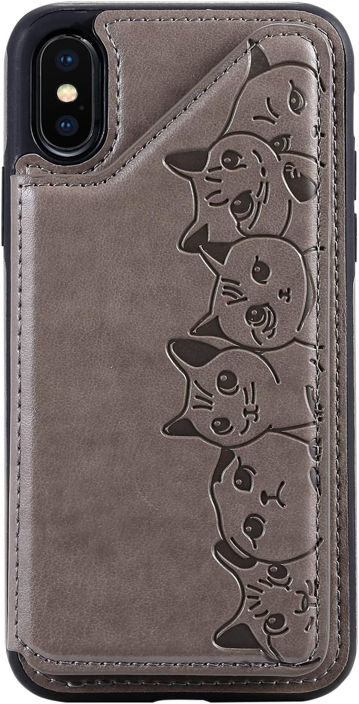 Fatcatparadise for iPhone XS/X Case [Free Screen Protector], Elegant Pressed Cute Cat Kickstand Premium PU Leather Wallet Ultra Slim Fit Cover for Apple iPhone XS/X (5.8 Inches) (Gray)