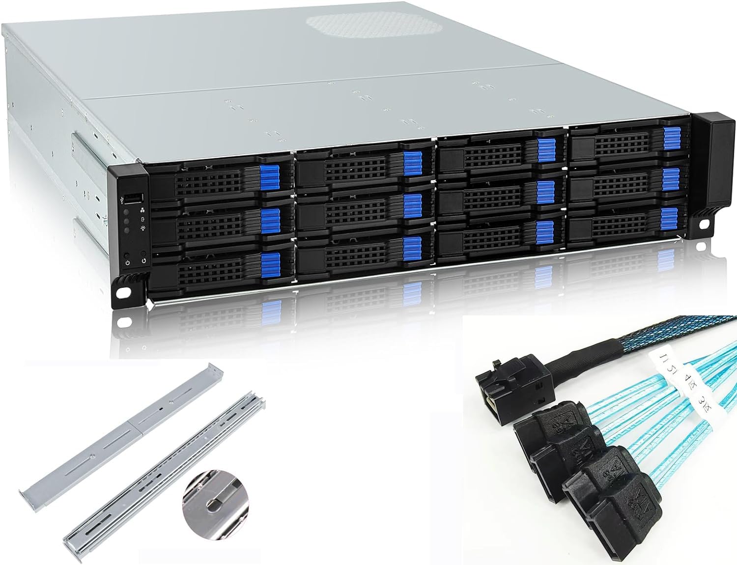 RackChoice MATX/Mini-ITX 2U Rackmount Server Chassis hotswap 12bays SFF-8643 Backplane Include Sliding Rail and Minisas to SATA Cables