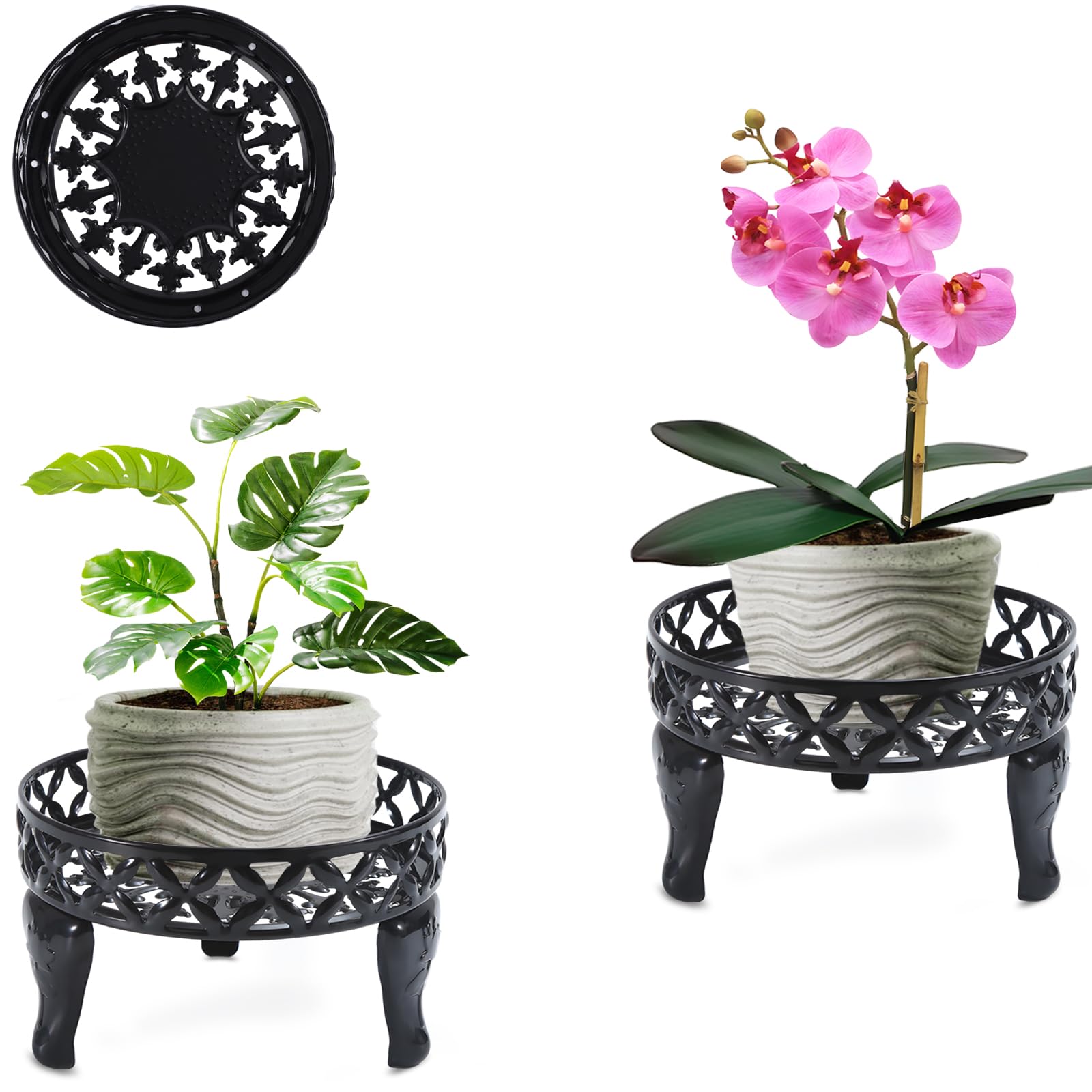 Santentre 2 Pack Black Metal Plant Stand for Indoor and Outdoor Use Anti-Rust Round Flower Shelf, Display Shelves for Garden and Patio